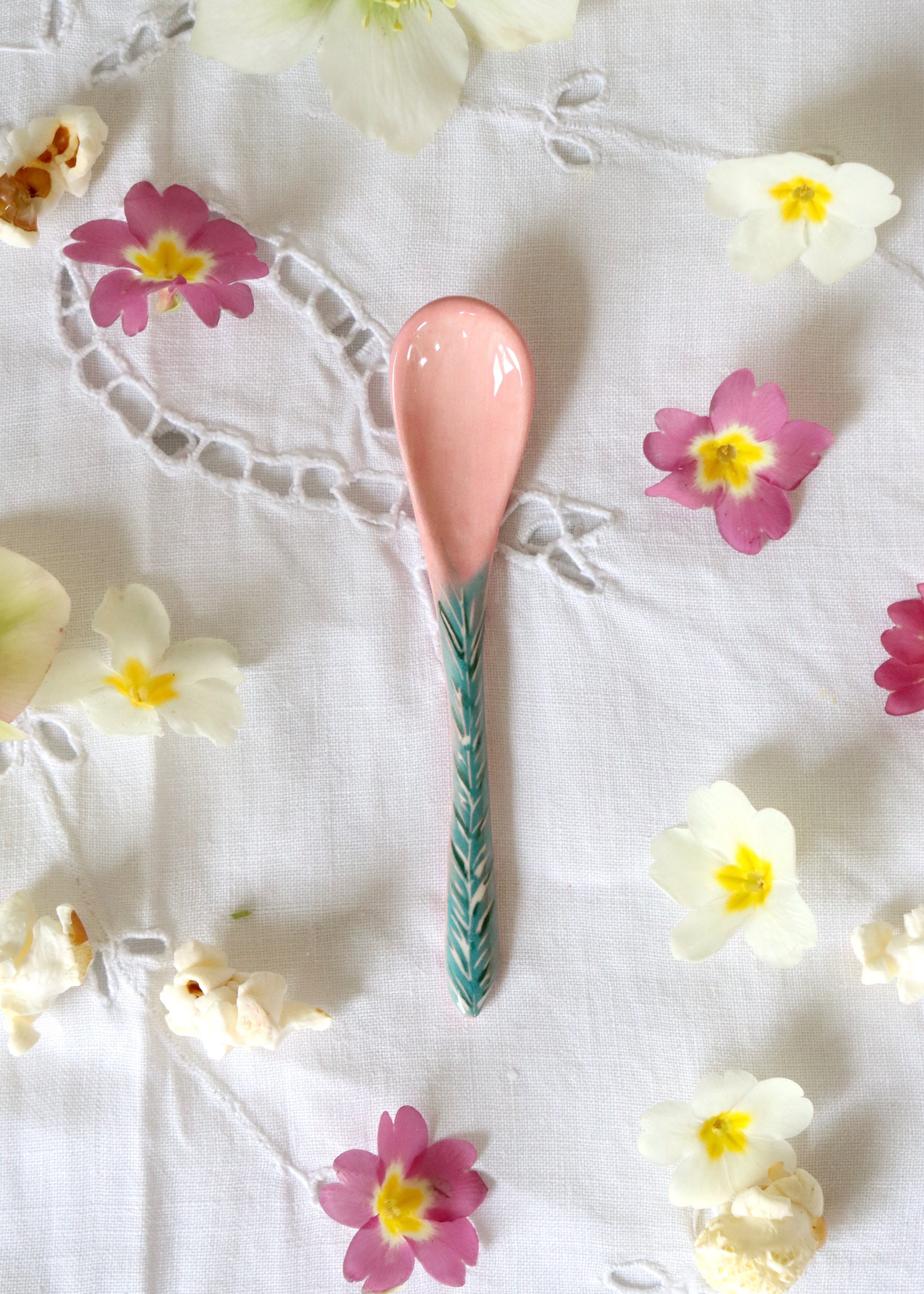 Ceramic Spoon - Pink with Green Feather