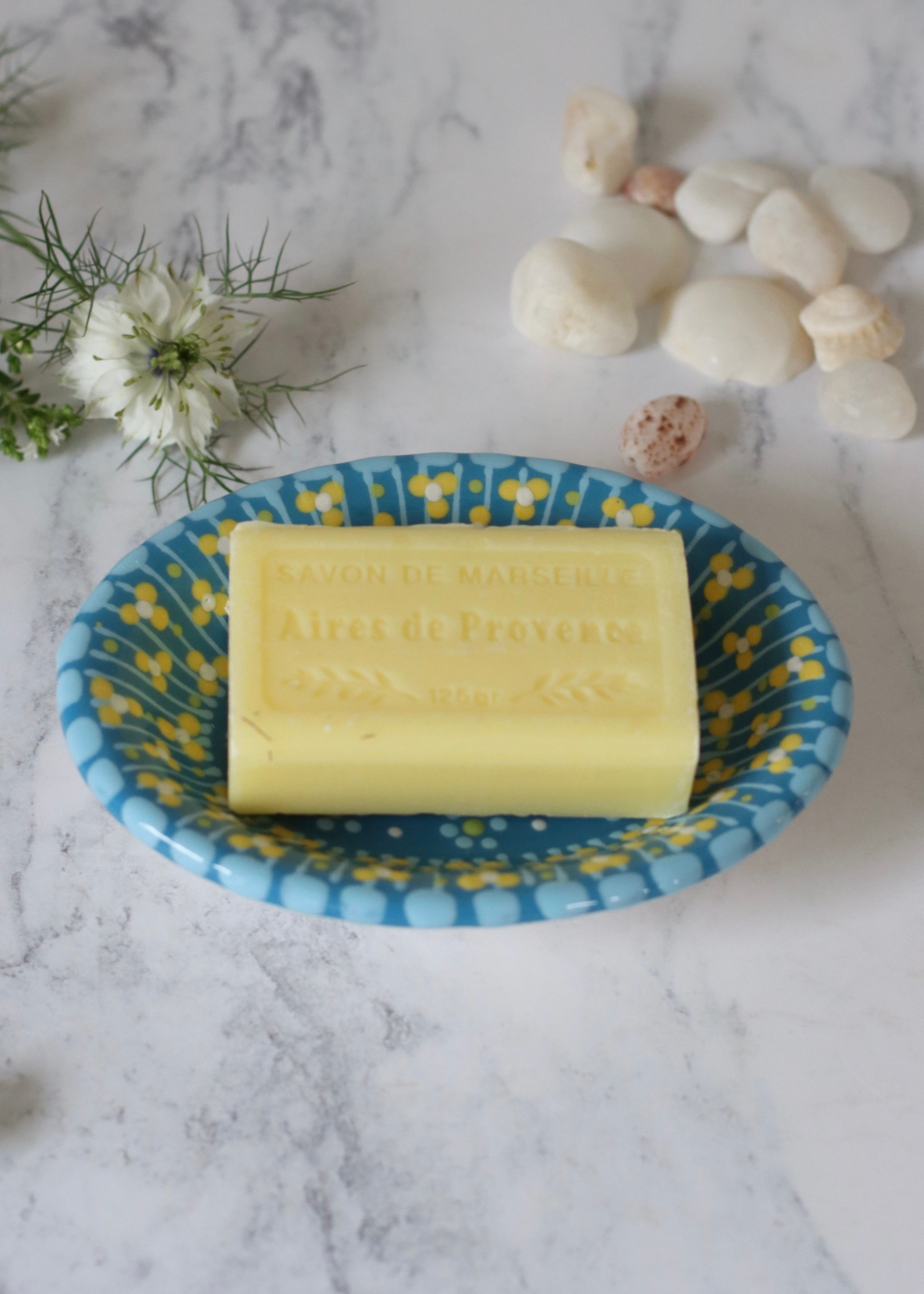 Soap Dish- Turquoise With Lines & Green Dots