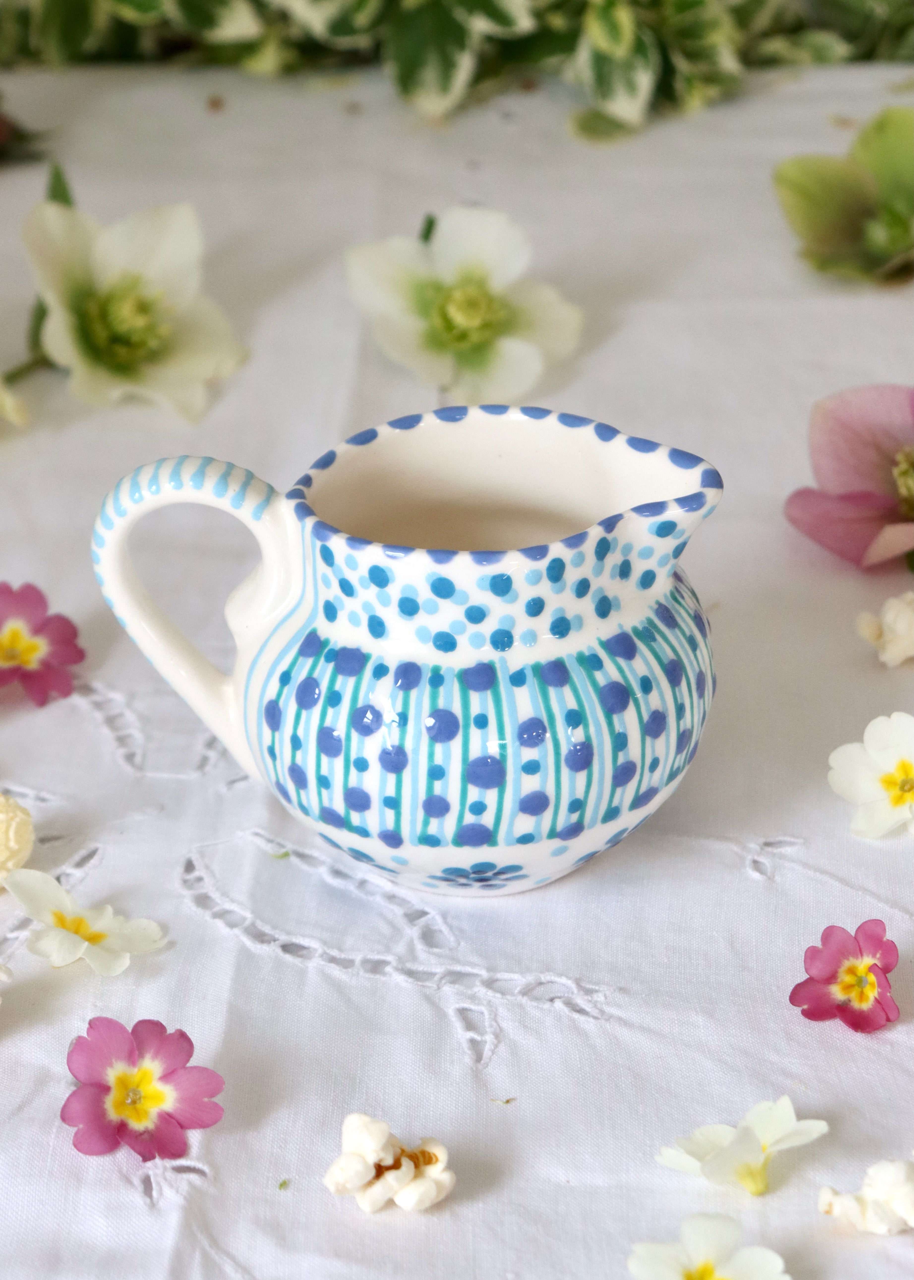 Dinky Jug- White and Blue dotty