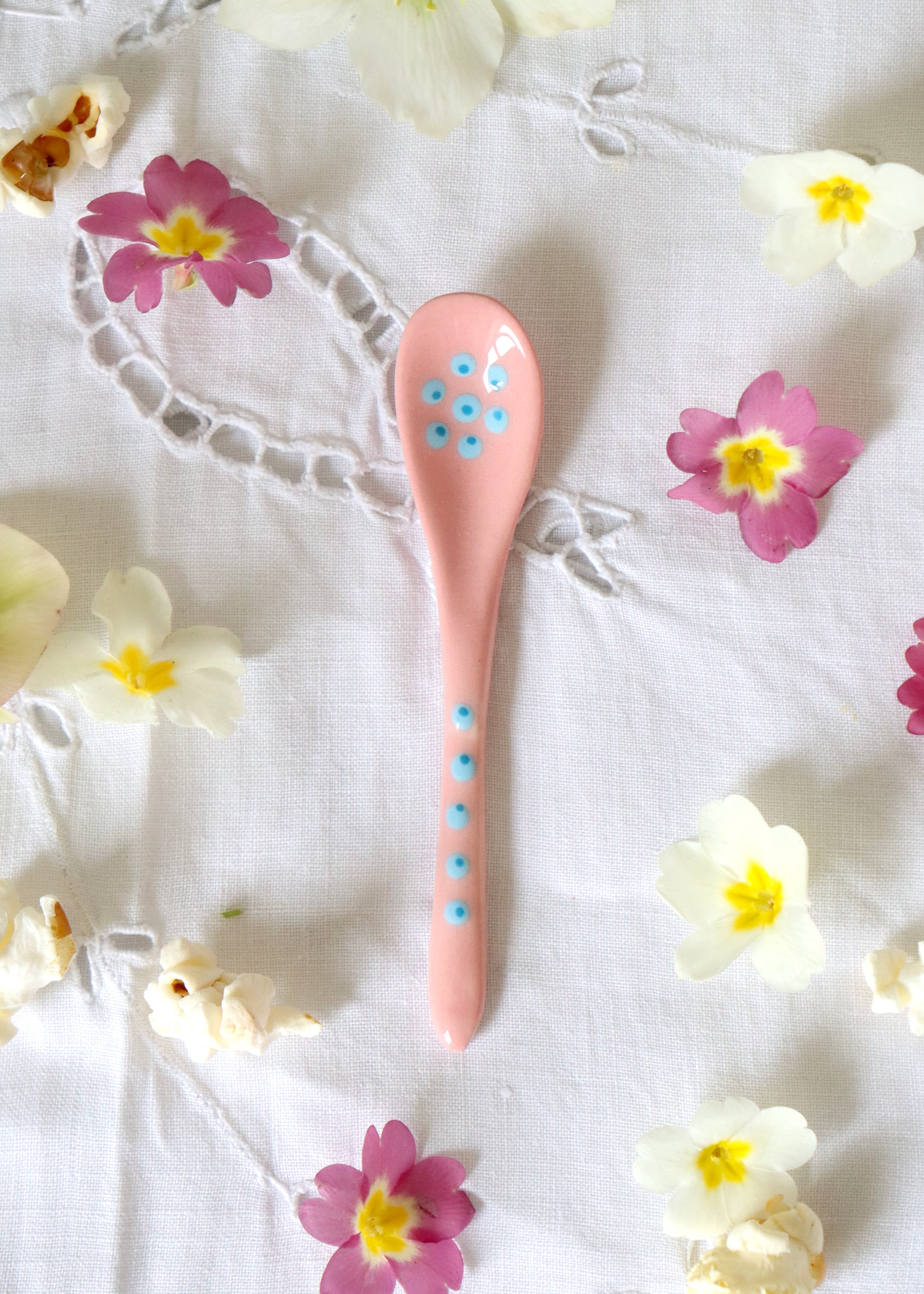 Ceramic Spoon - Pink with Blue Flower