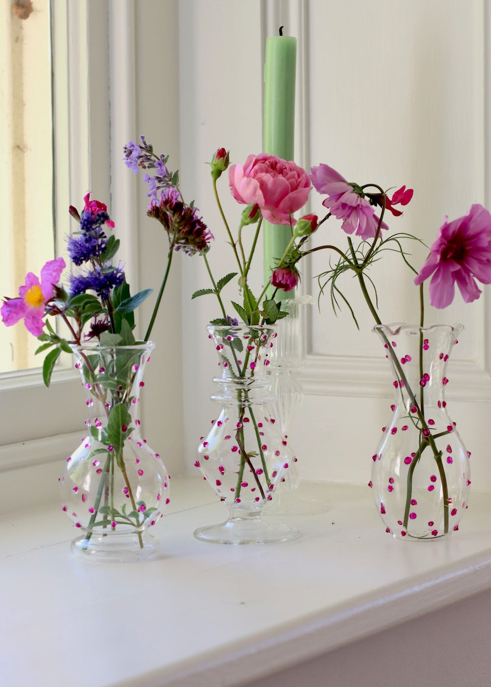 Set of 3 Glass Bud Vases - Hot Pink Dotty