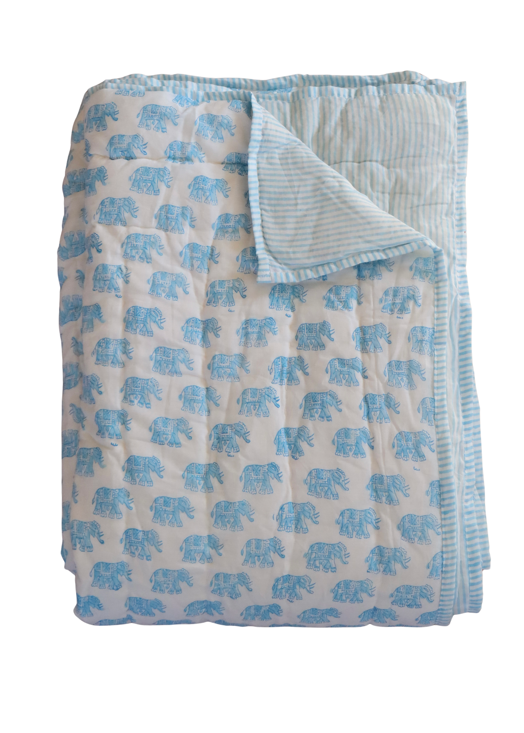Hand Block Printed Quilt - Blue Elephants- SINGLE