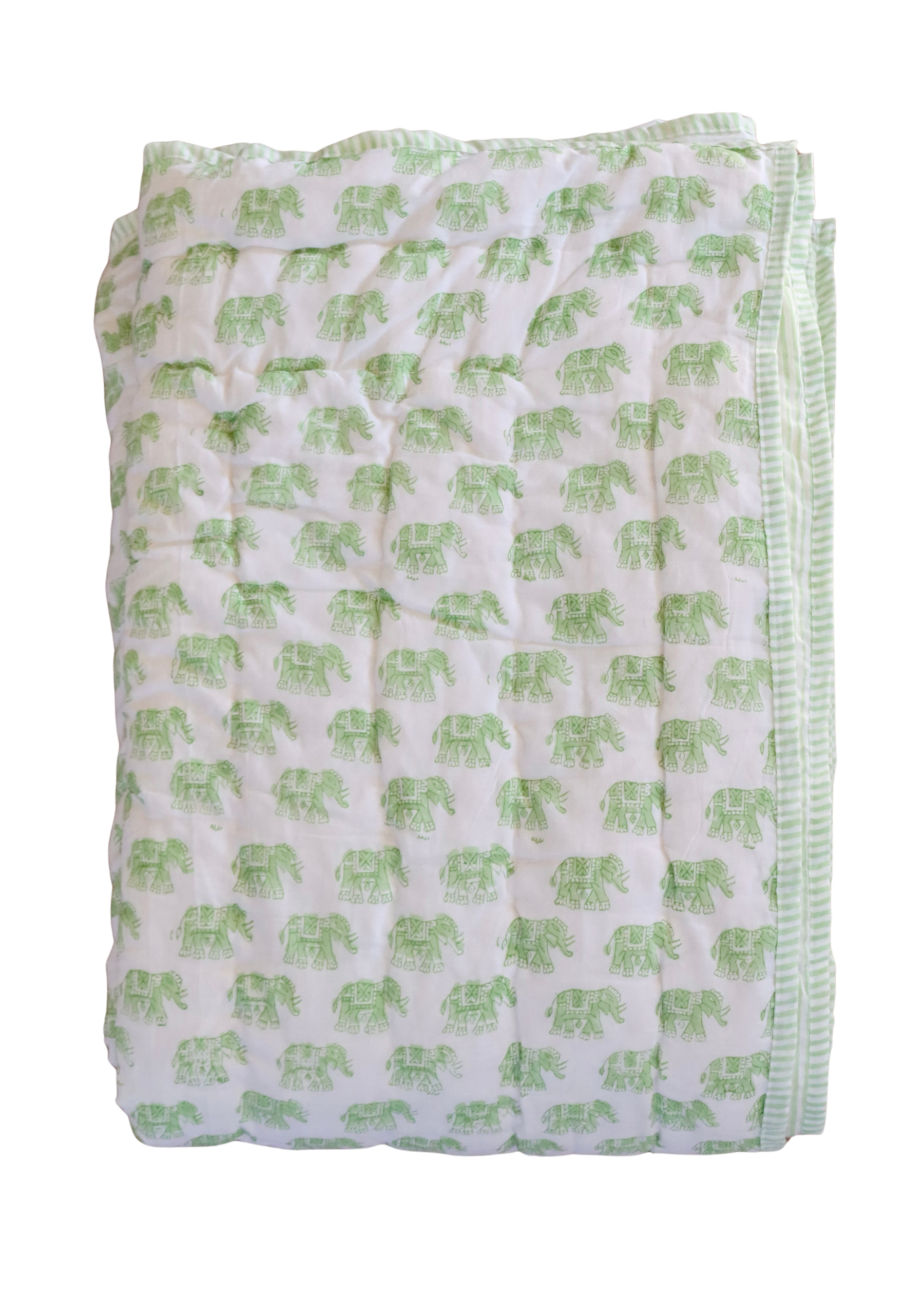 Hand Block Printed Quilt - Green Elephants- SINGLE