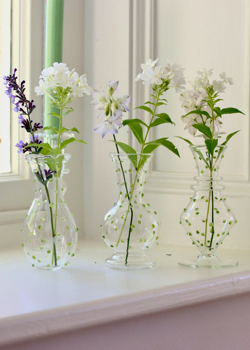 Set of 3 Glass Bud Vases - Lime Green Dotty