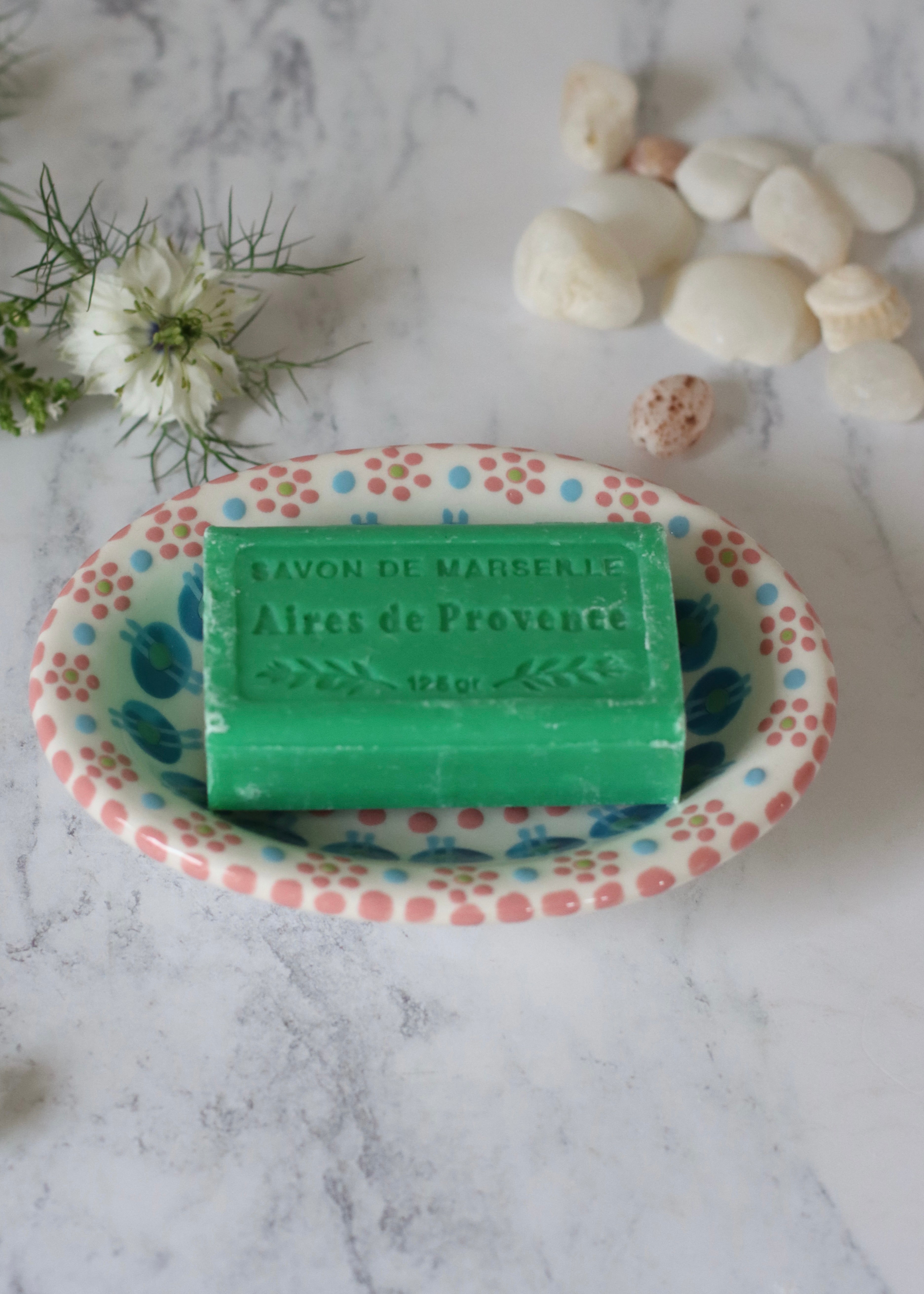 Soap Dish White With Pink & Blue Dots