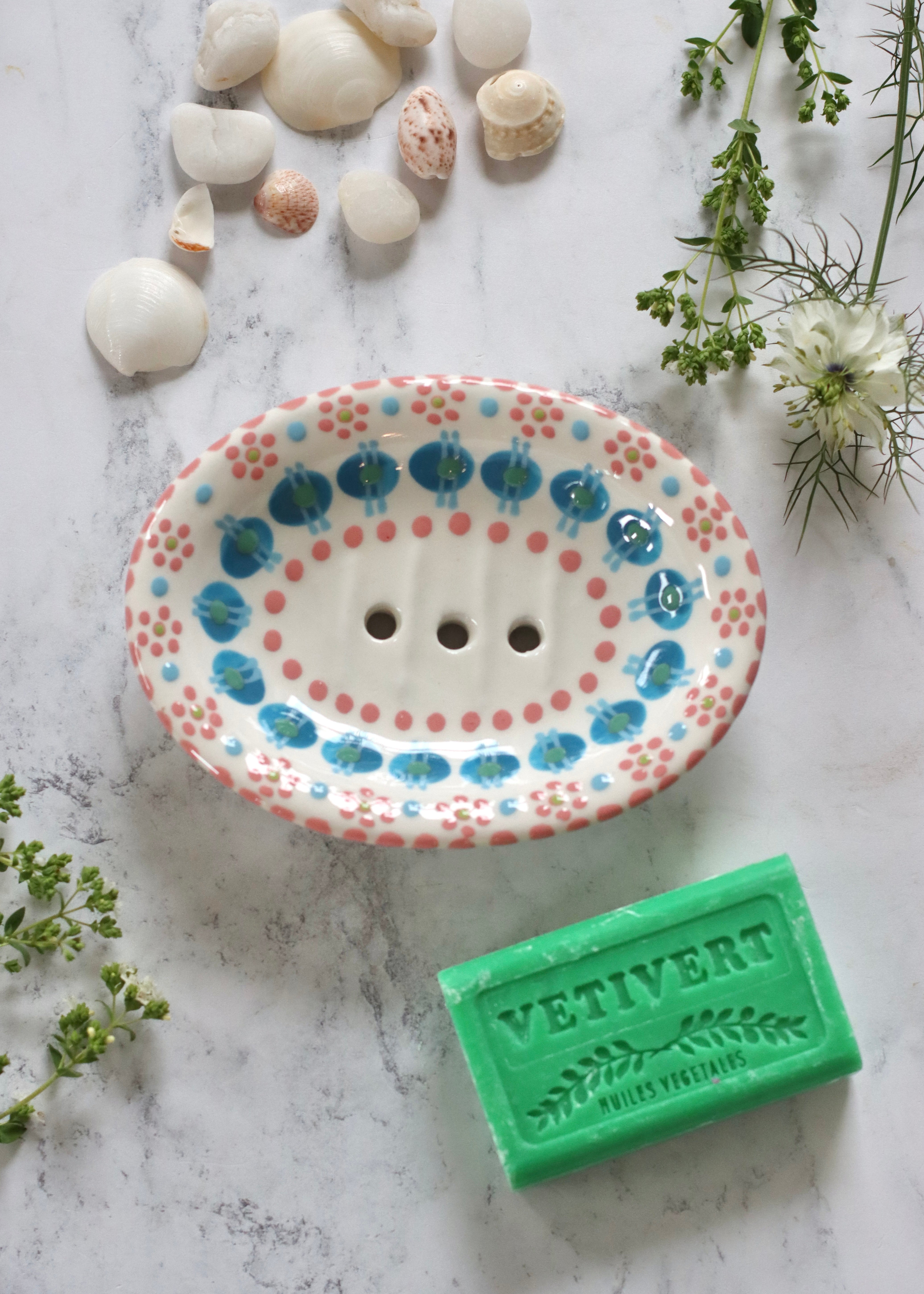 Soap Dish White With Pink & Blue Dots