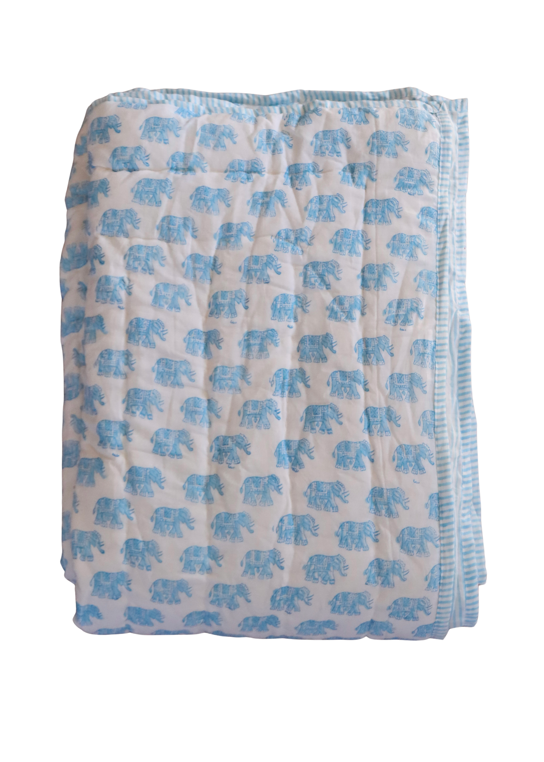 Hand Block Printed Quilt - Blue Elephants- SINGLE