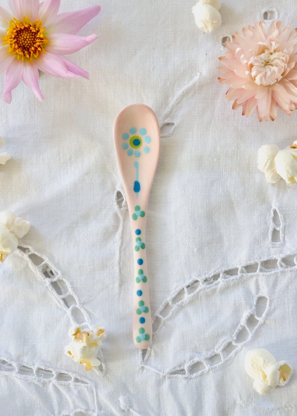 Ceramic Spoon - Pale Pink with Blue Flower