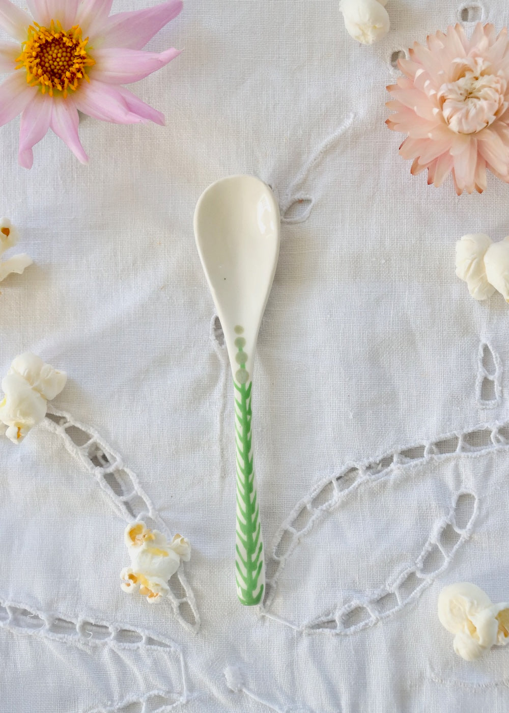 Ceramic Spoon - White, Teal Feather