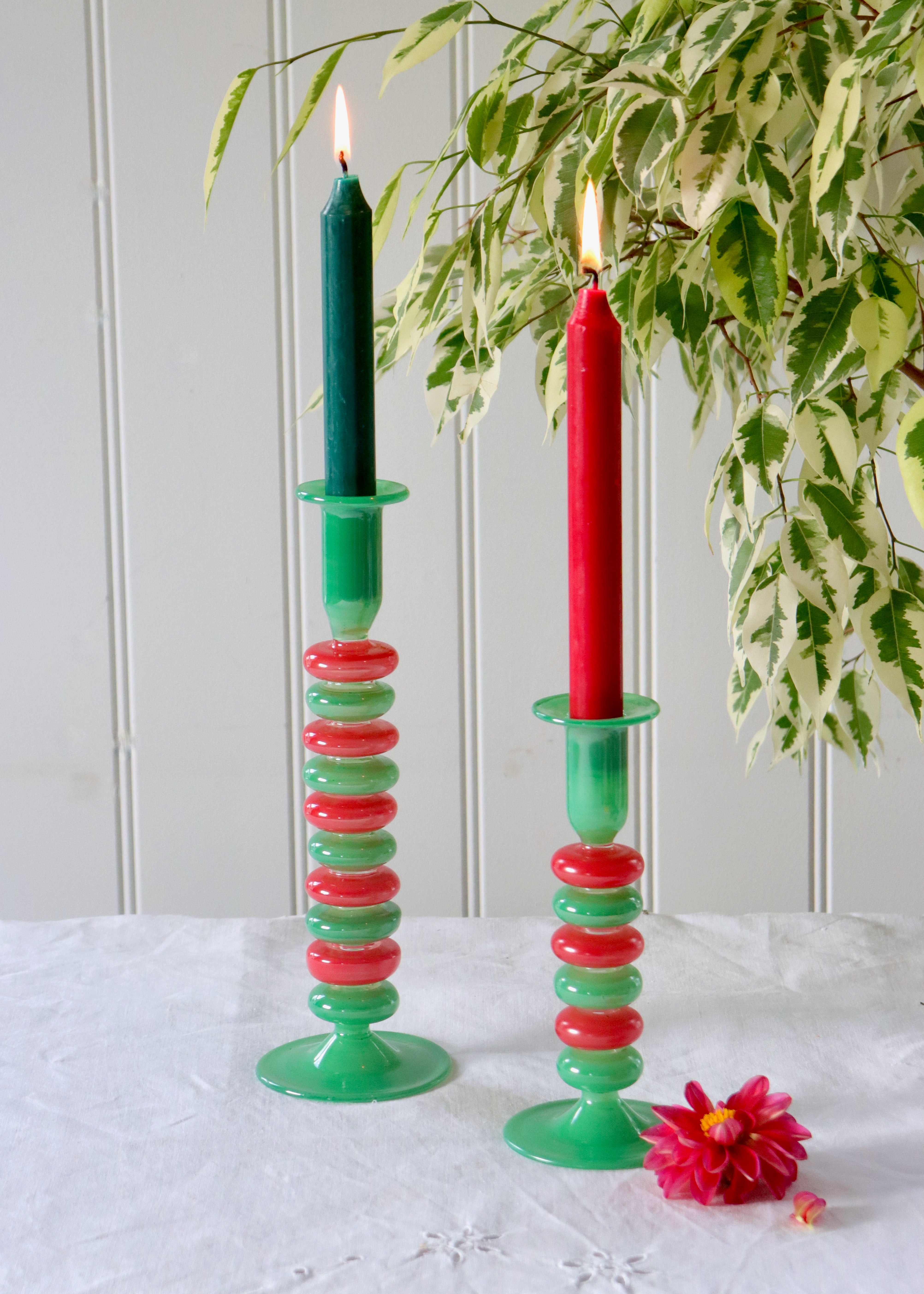 Sea Pebble Candlestick Green & Red - Tall