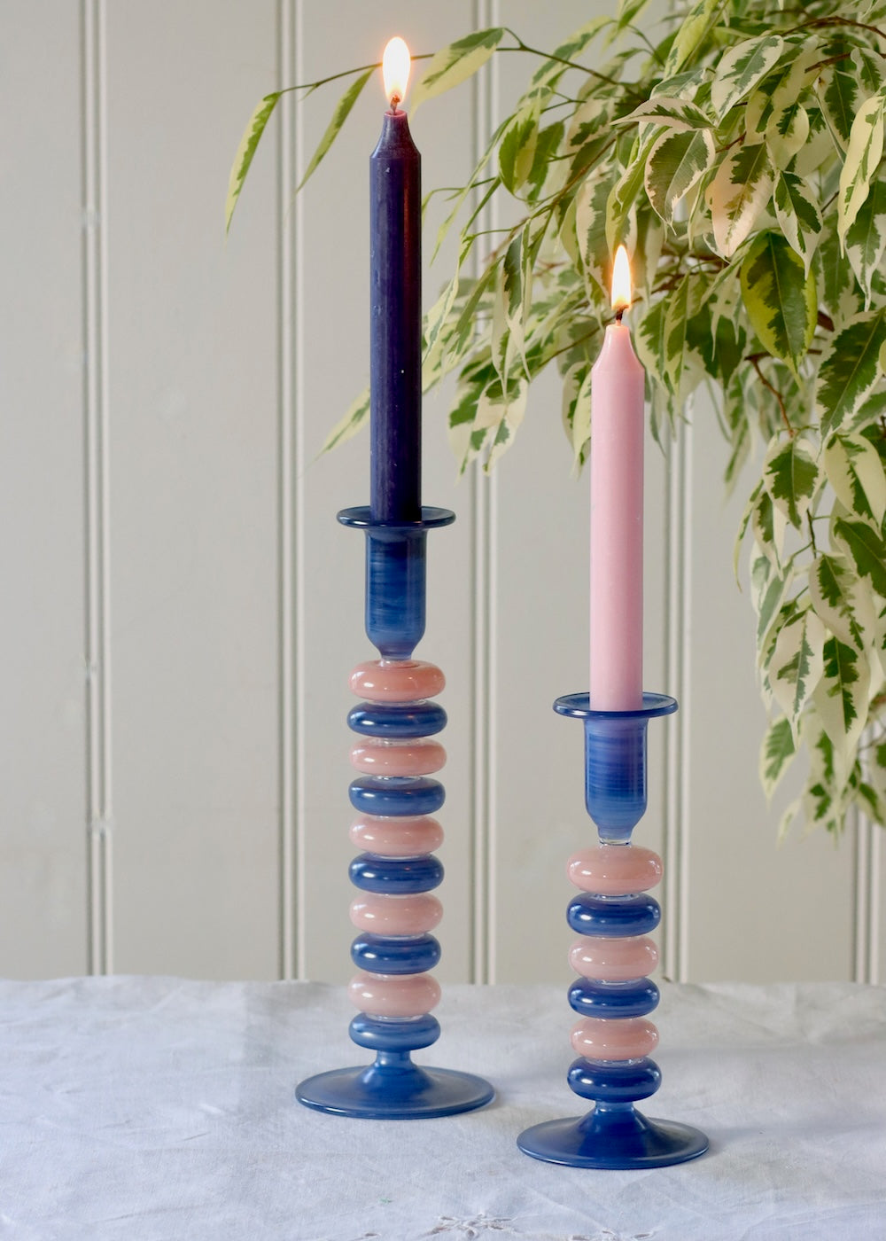 Sea Pebble Candlestick Blue & Pink - Tall