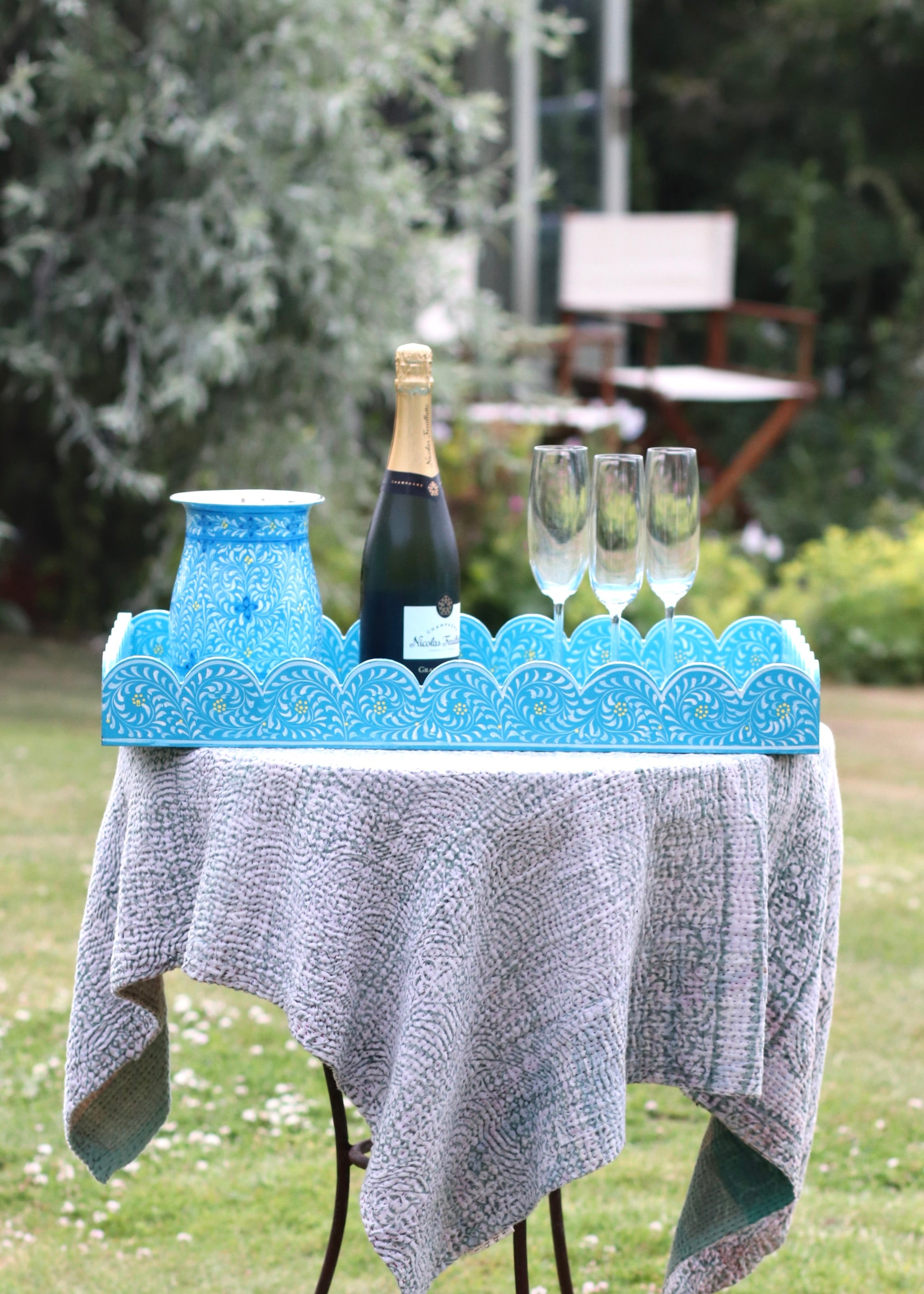 Large Scalloped Hand Painted Wooden Tray- Blue