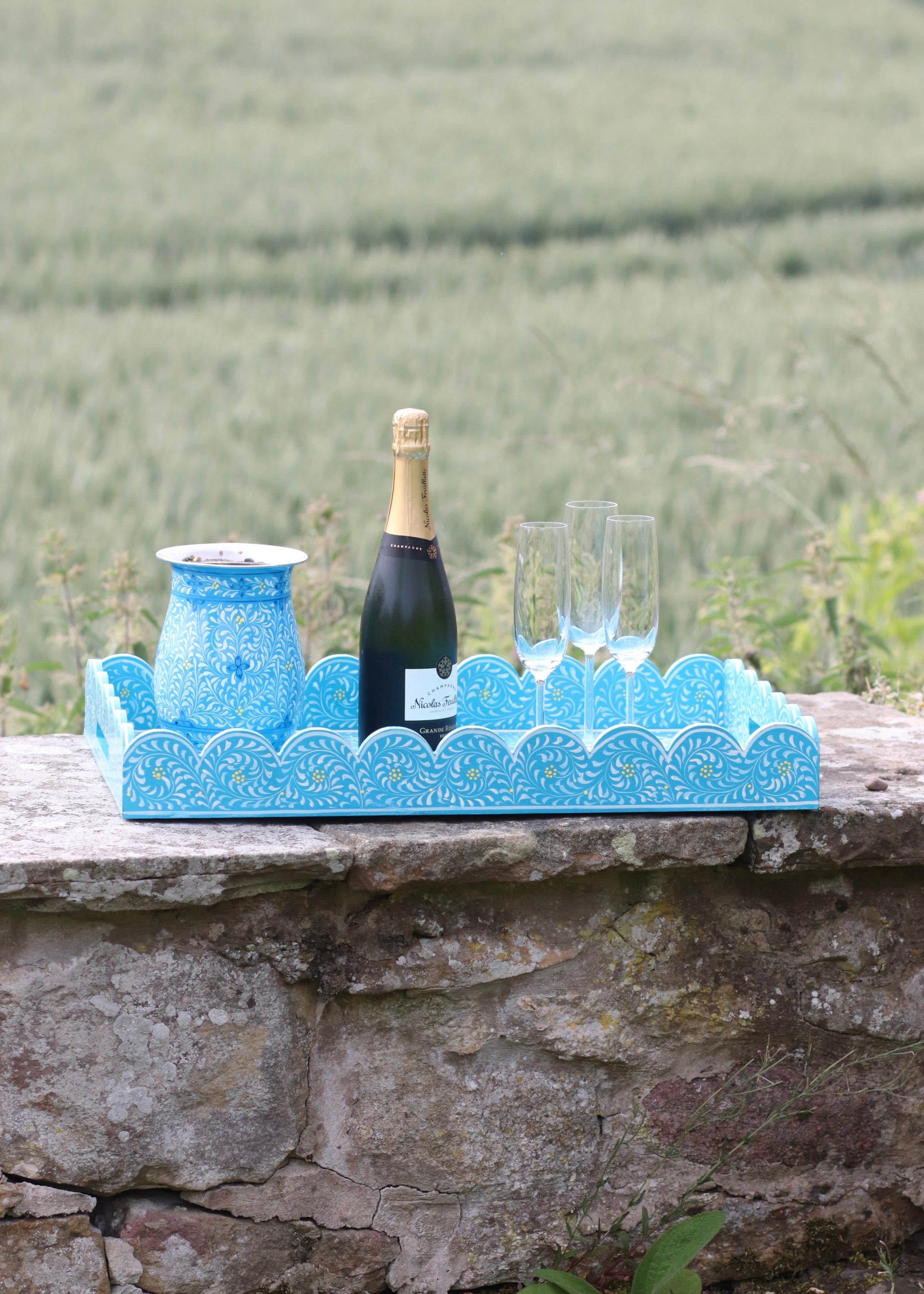 Large Scalloped Hand Painted Wooden Tray- Blue