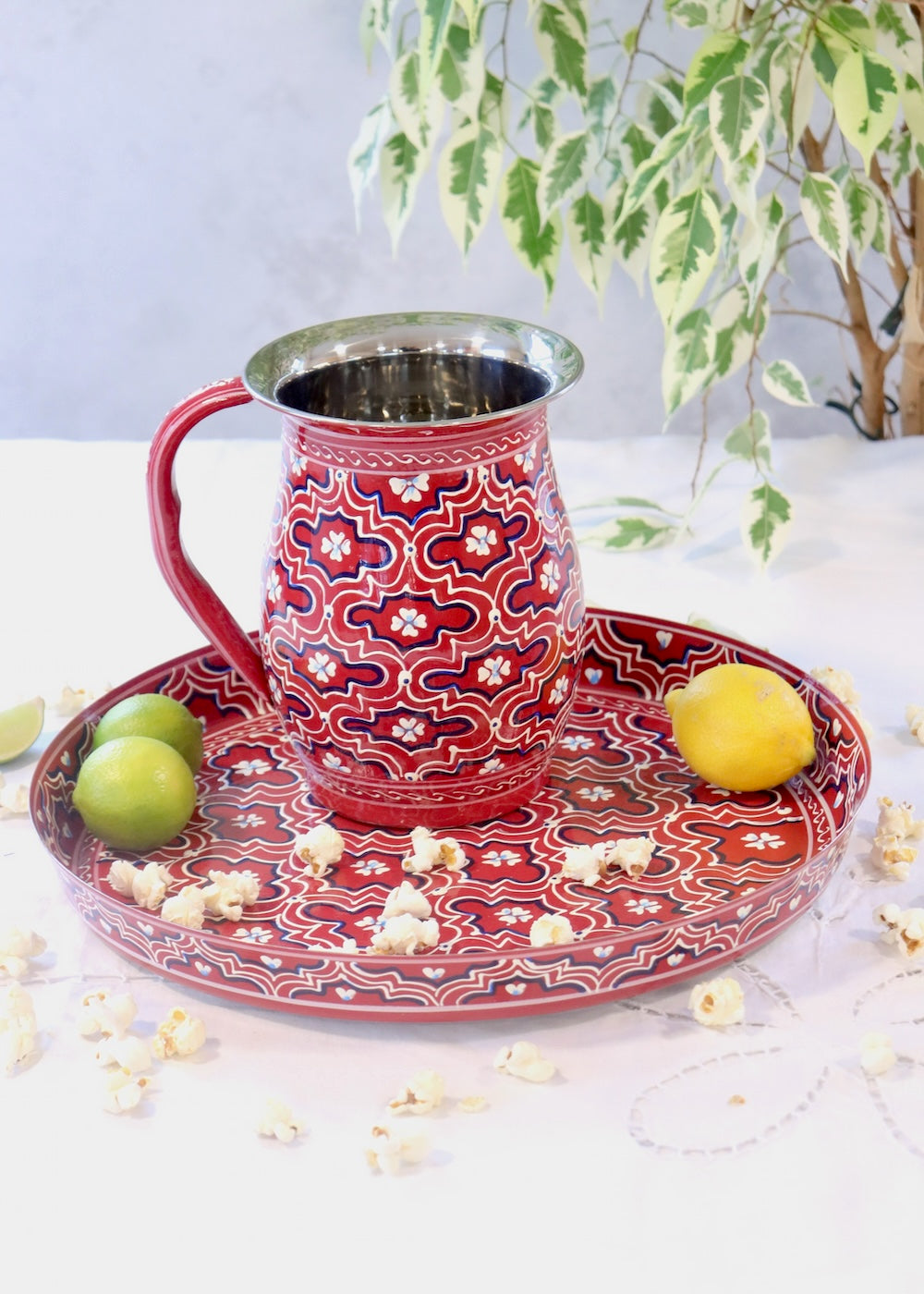 Hand Painted Round Thali Tray: Claret