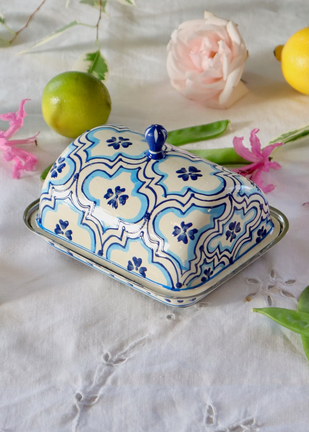 Butter Dish White & Blue