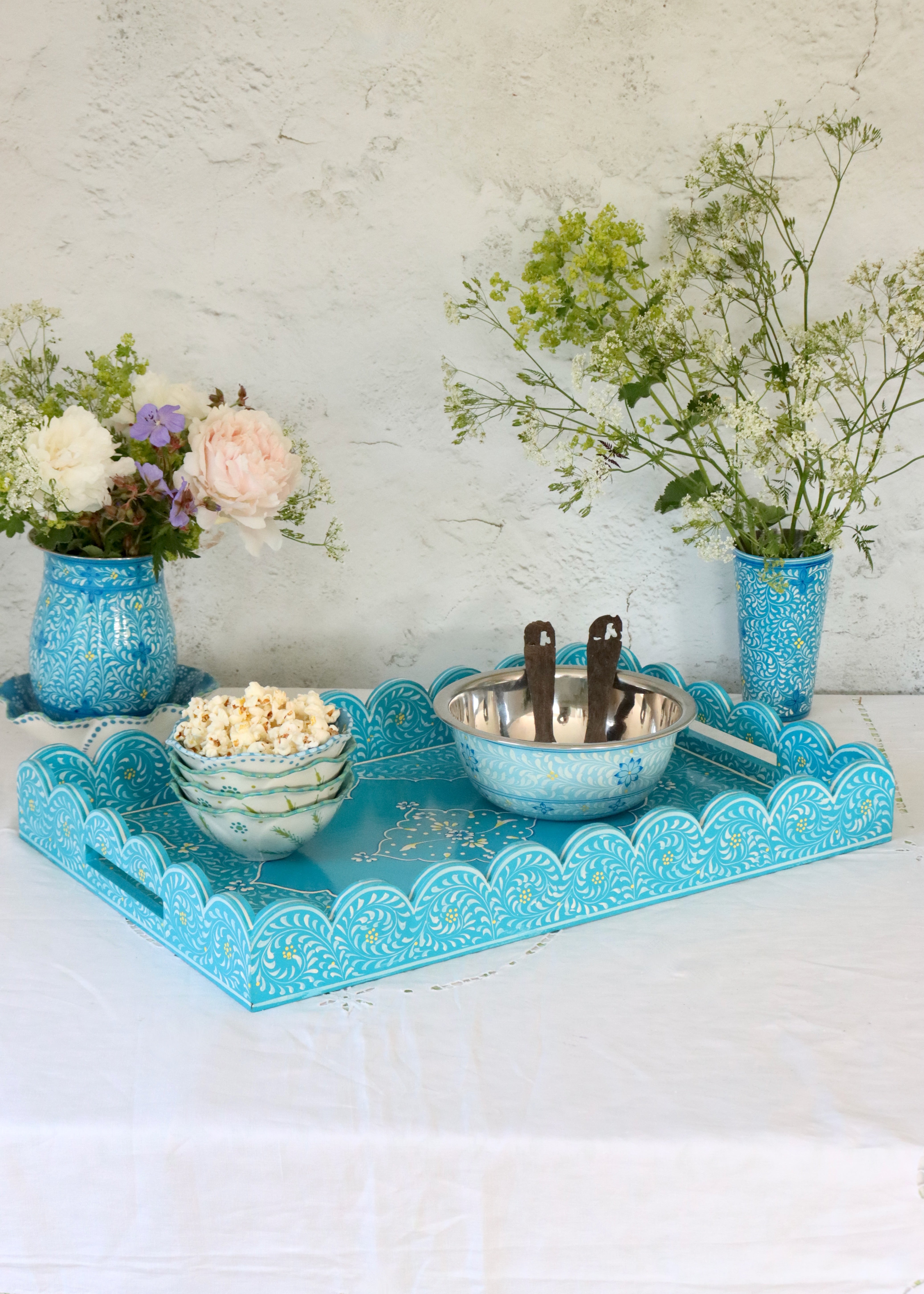 Large Scalloped Hand Painted Wooden Tray- Blue