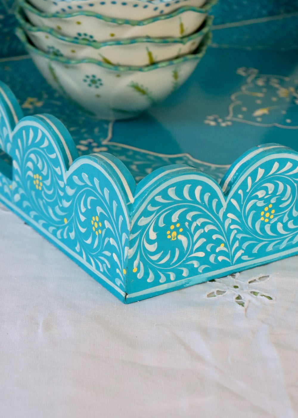 Large Scalloped Hand Painted Wooden Tray- Blue