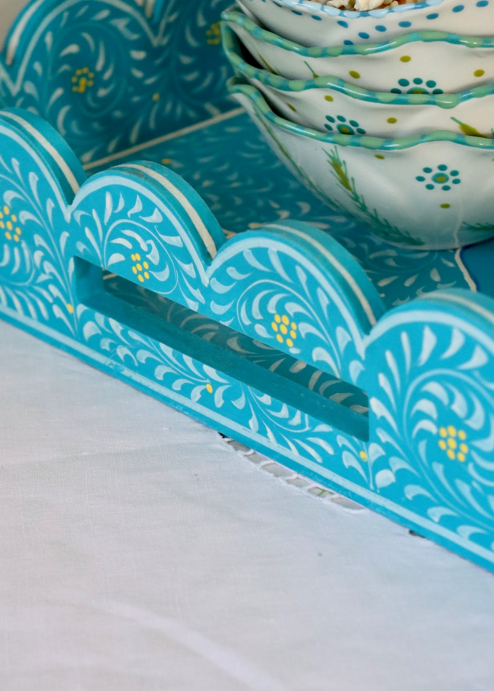 Large Scalloped Hand Painted Wooden Tray- Blue