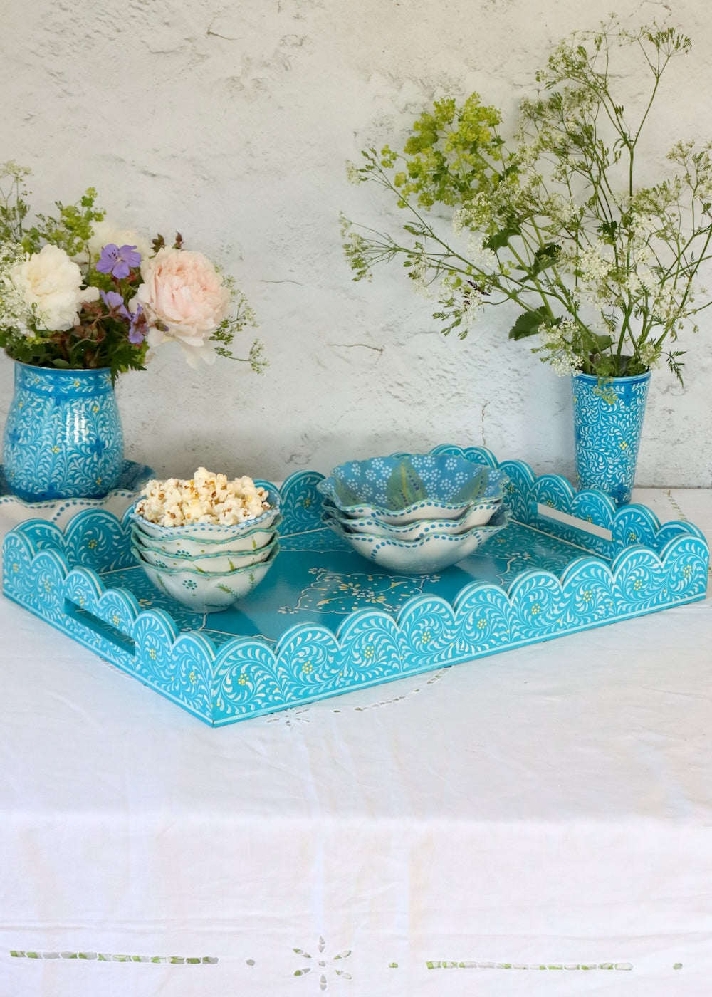 Large Scalloped Hand Painted Wooden Tray- Blue