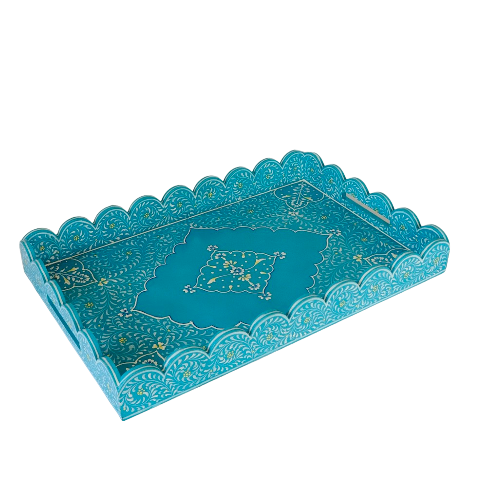 Large Scalloped Hand Painted Wooden Tray- Blue
