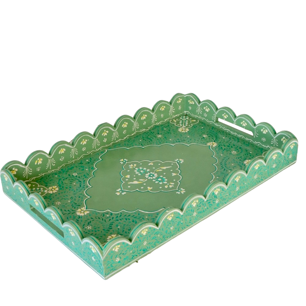 Large Scalloped Hand Painted Wooden Tray- Olive