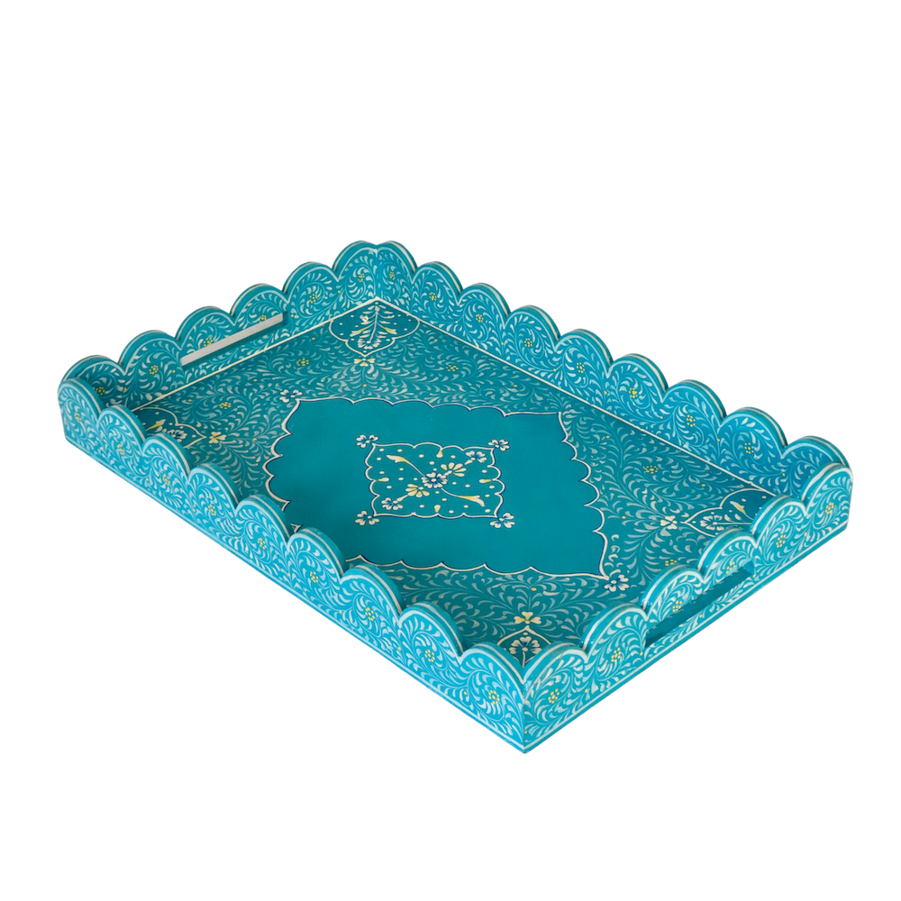 Large Scalloped Hand Painted Wooden Tray- Blue