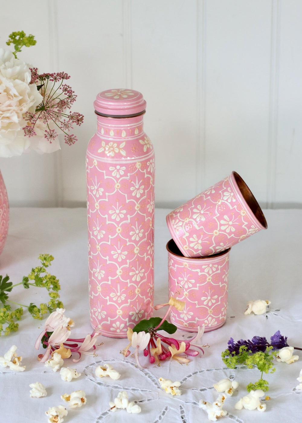 Hand Painted Water Bottle & Tumblers Set- Soft Pink