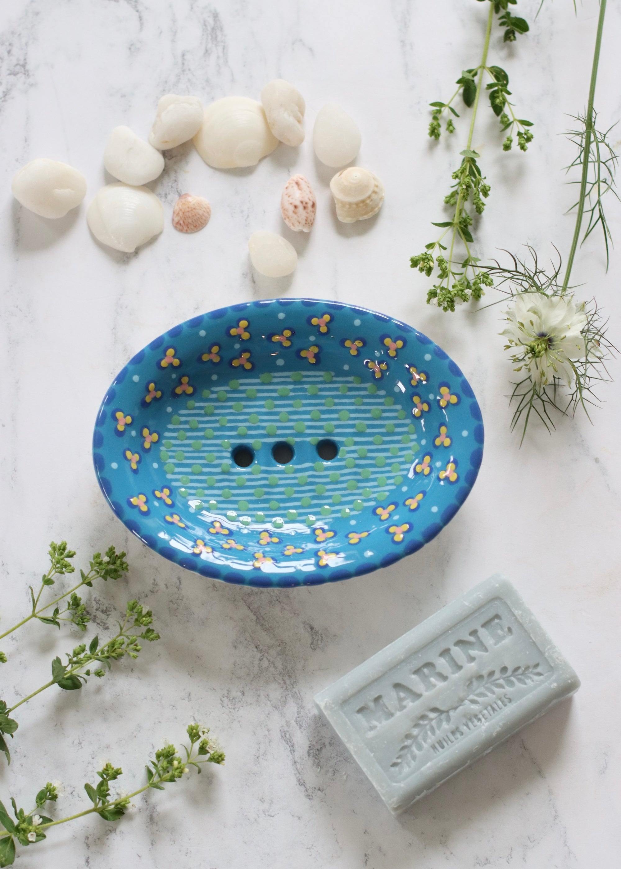Soap Dish- Turquoise With White & Yellow Daisy