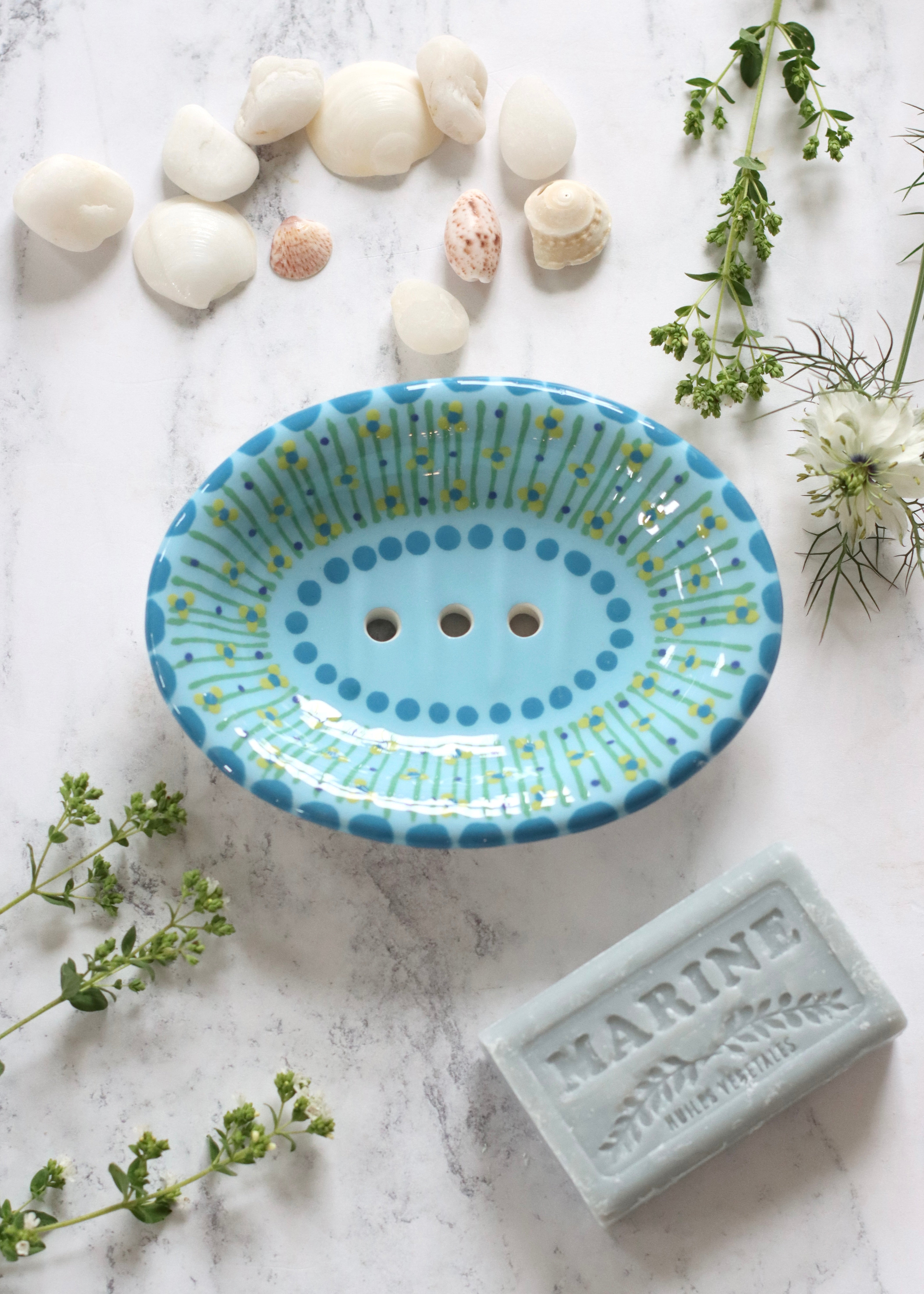 Soap Dish Pale Blue With Blue Dots