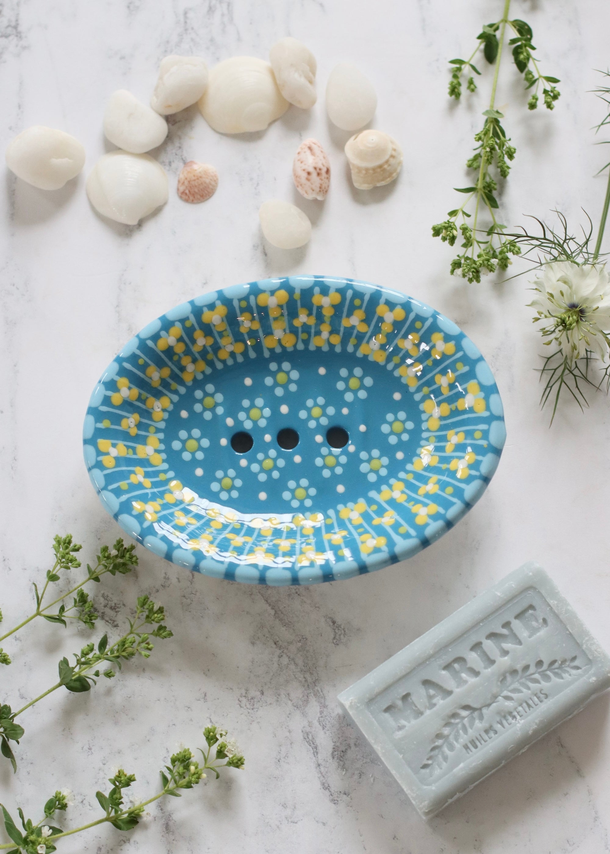 Soap Dish- Turquoise With Lines & Green Dots