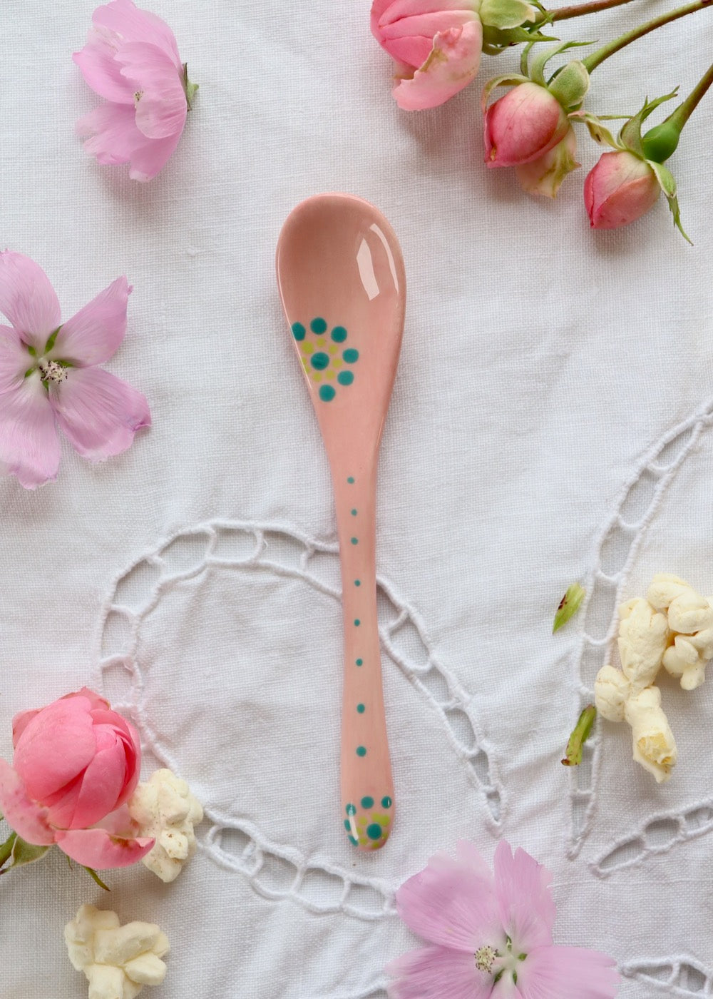 Ceramic Spoon - Pink with Green Flower