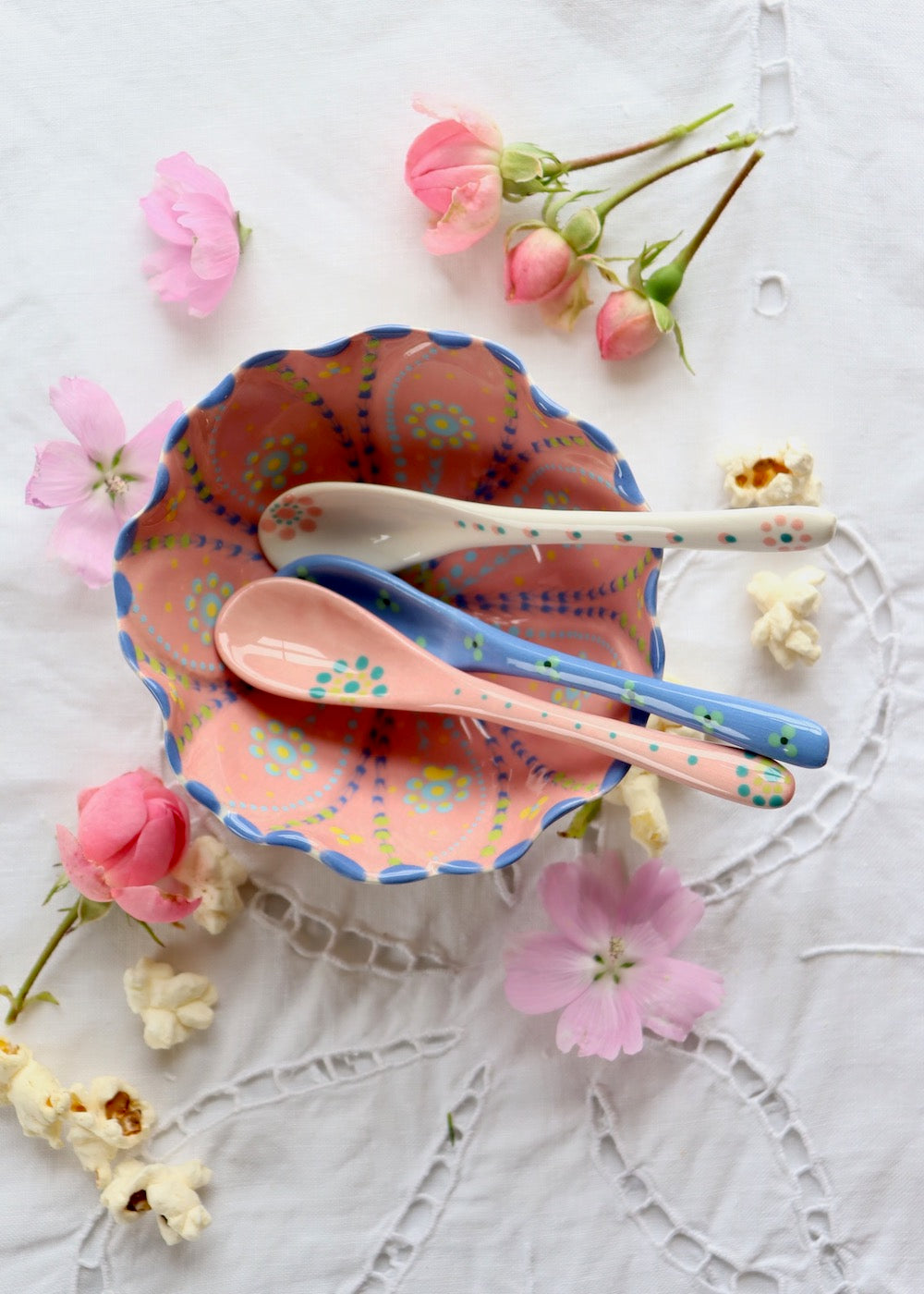 Ceramic Spoon - Pink with Green Flower