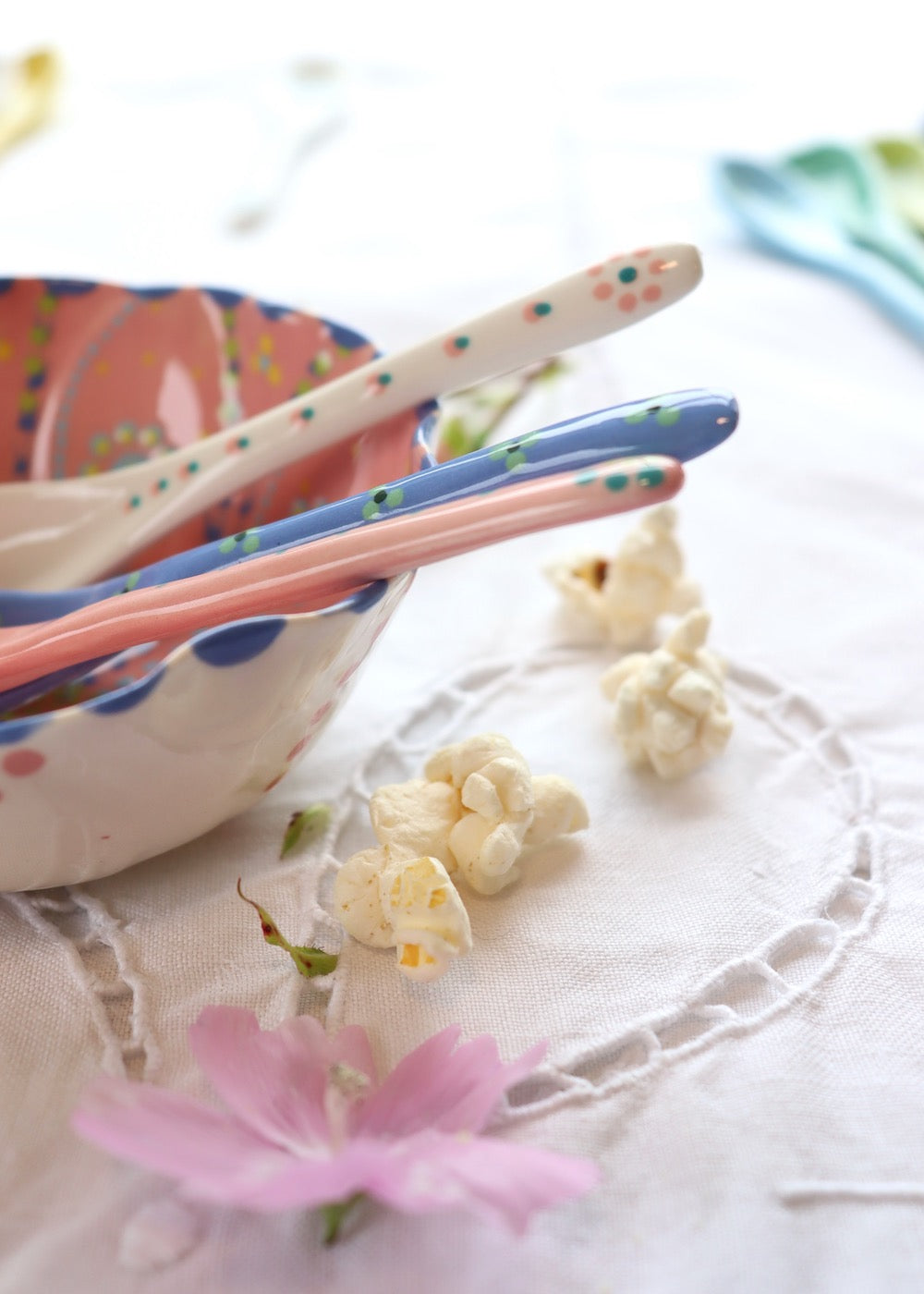Ceramic Spoon - Pink with Blue Flower