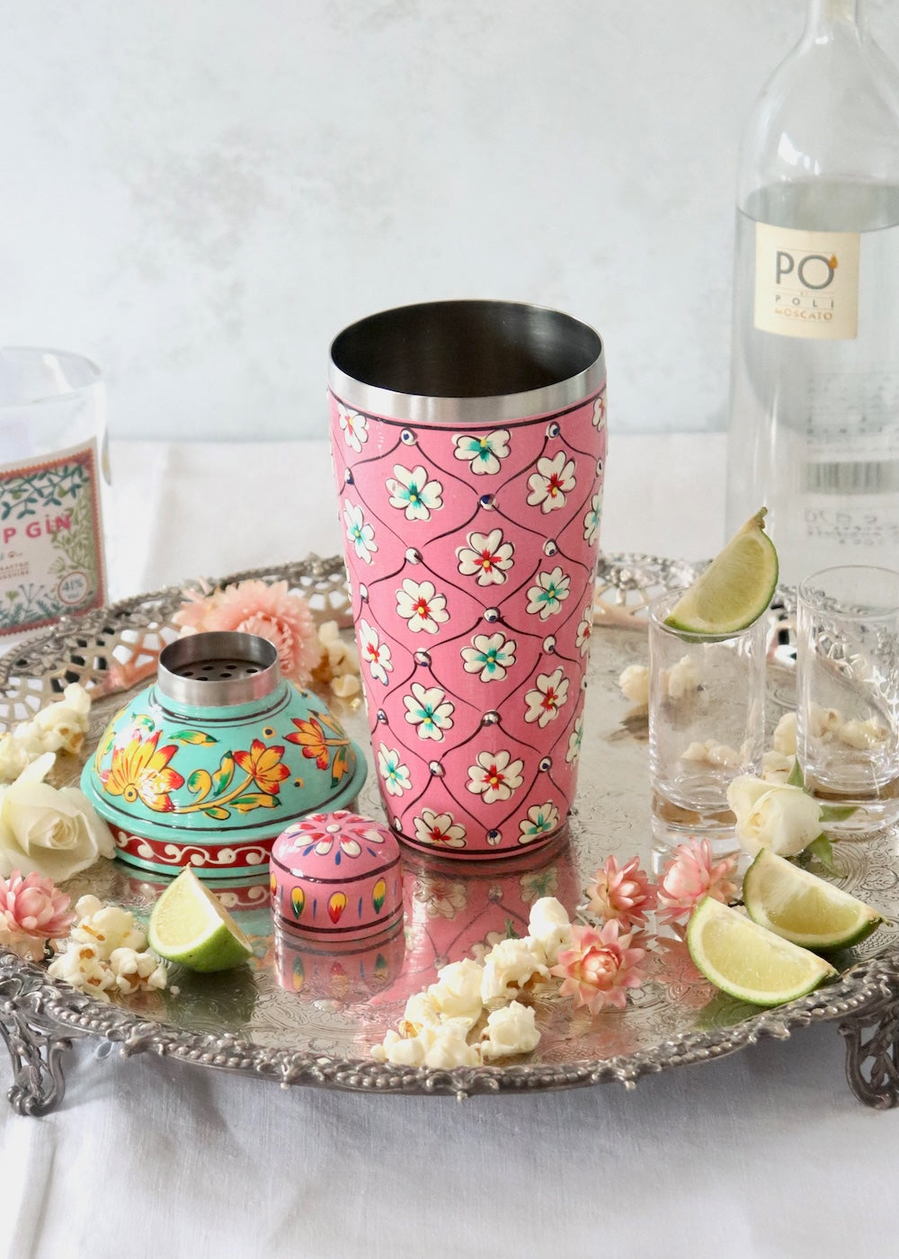NEW: Cocktail Shaker - Pink with Red & Green Flowers