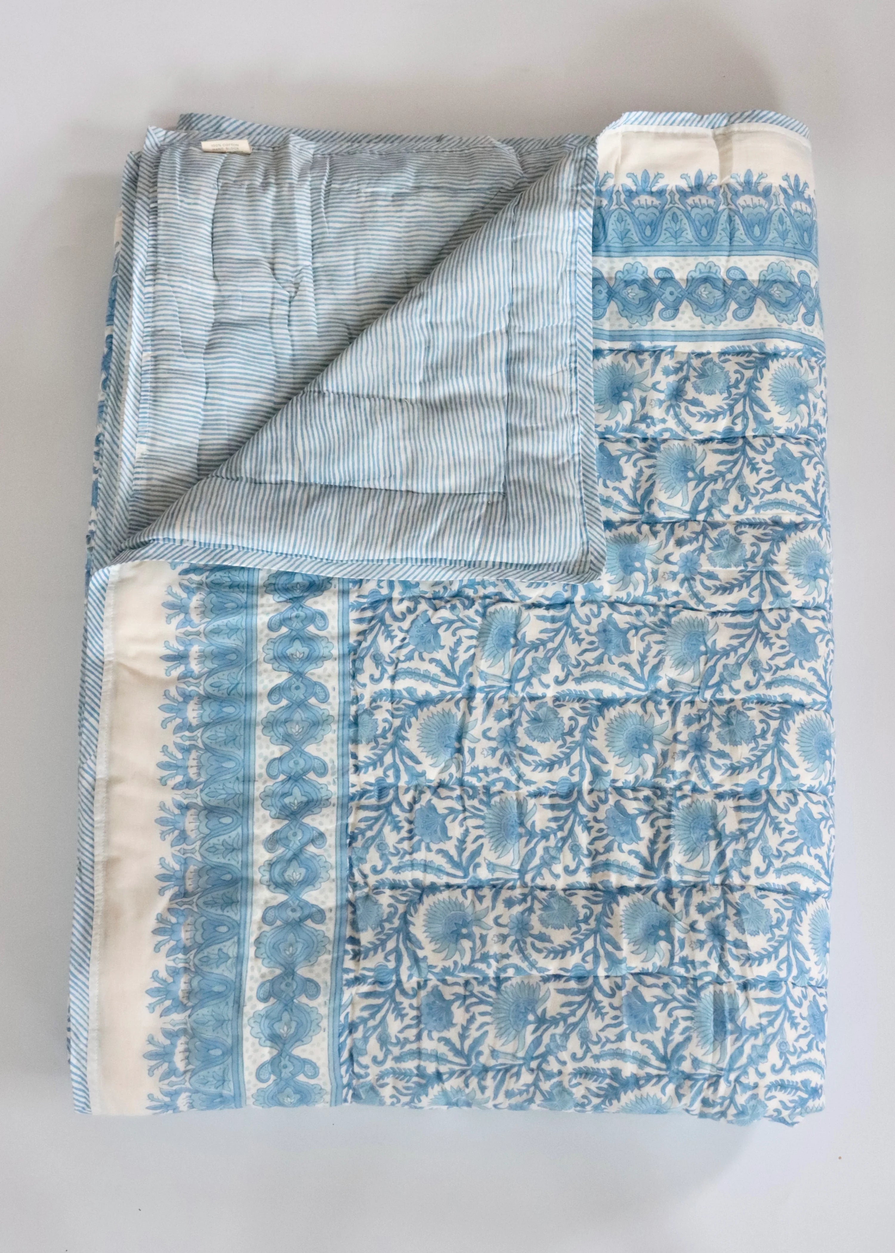 Hand Block Printed Quilt - Cornflower Blue
