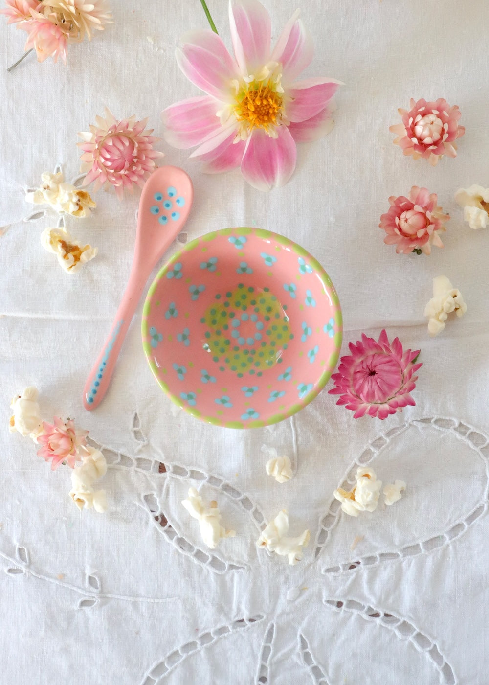 Salt Dish - Pink with Green Circles