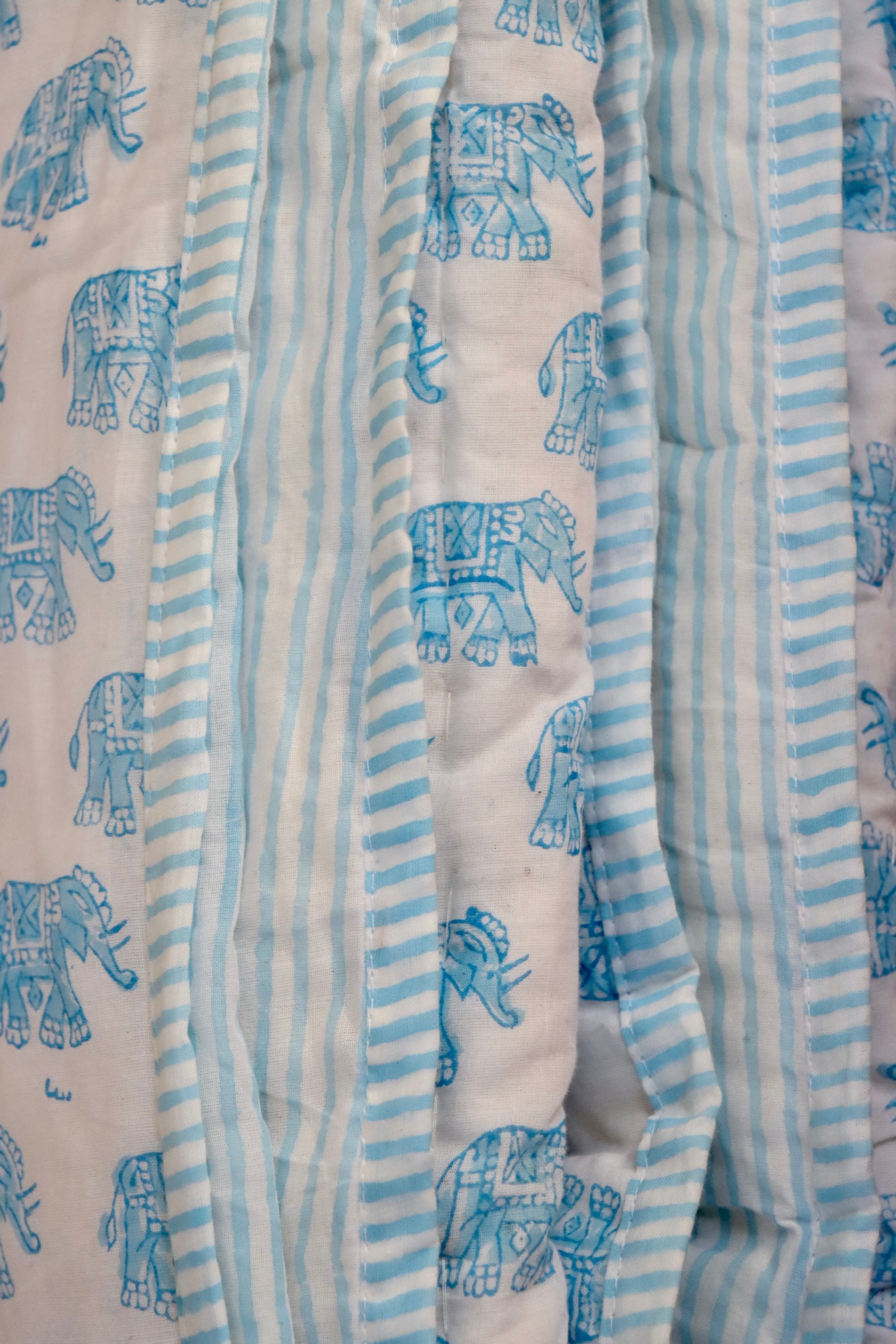 Hand Block Printed Quilt - Blue Elephants- SINGLE