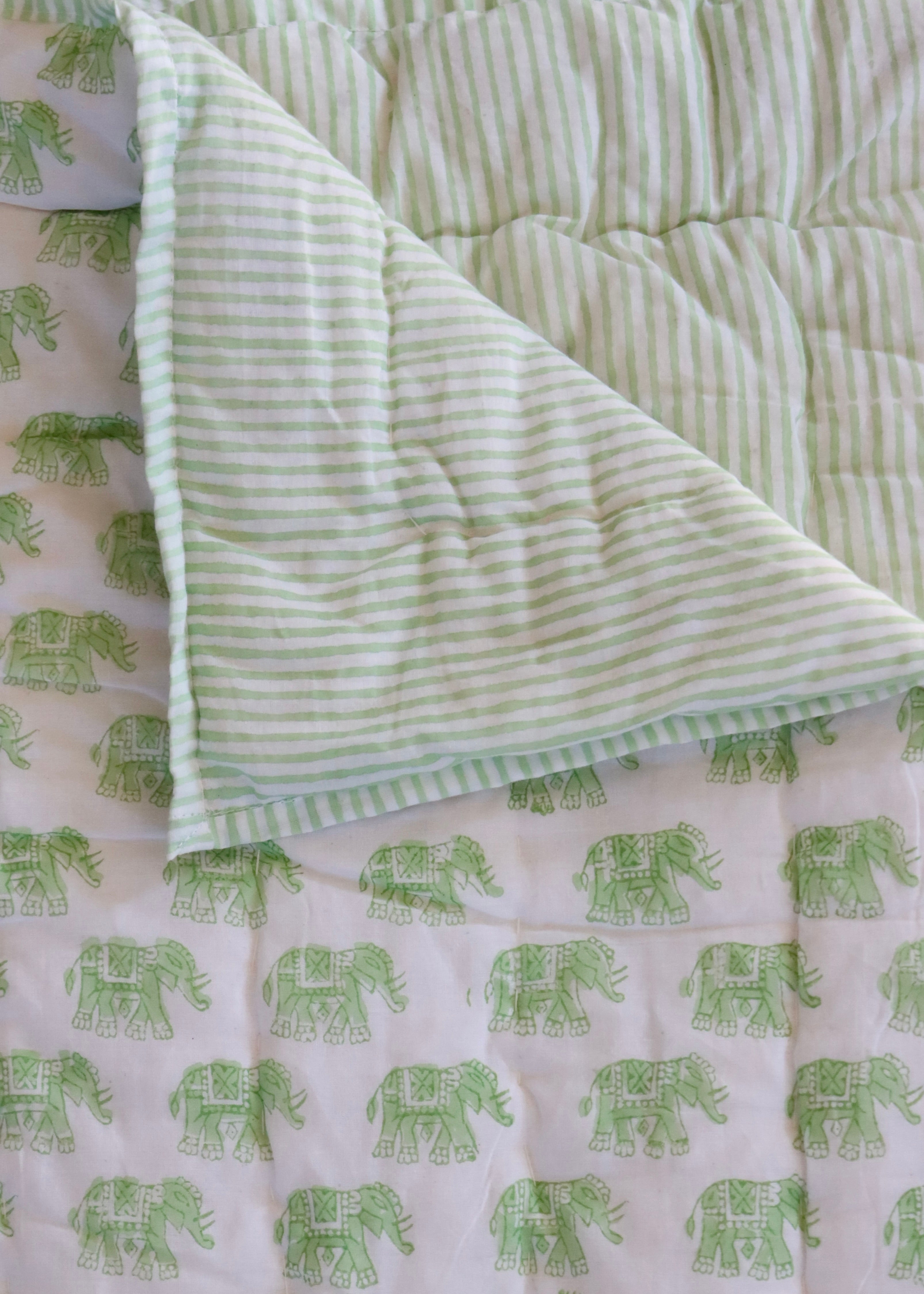 Hand Block Printed Quilt - Green Elephants- SINGLE