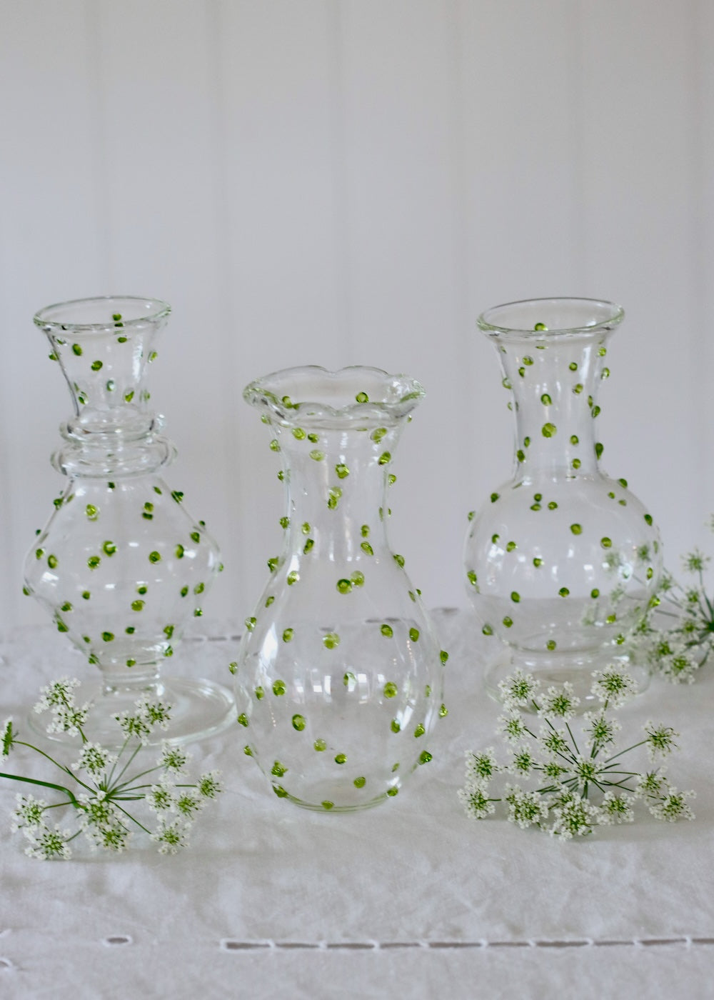 Set of 3 Glass Bud Vases - Lime Green Dotty