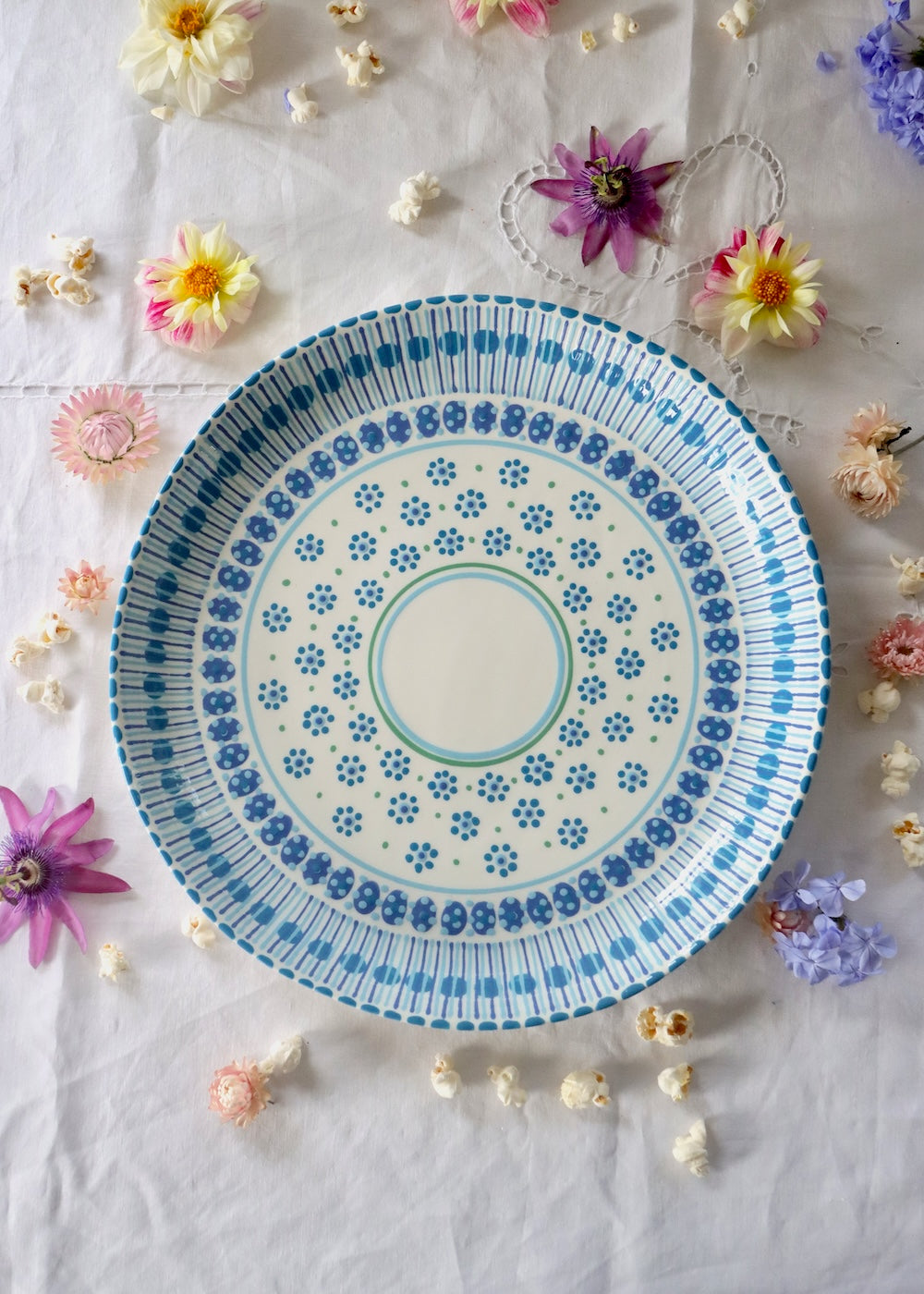 Round Serving Platter - White & Blue