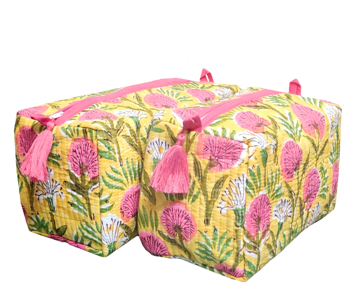 Wash Bag- Yellow With Pink Blossom
