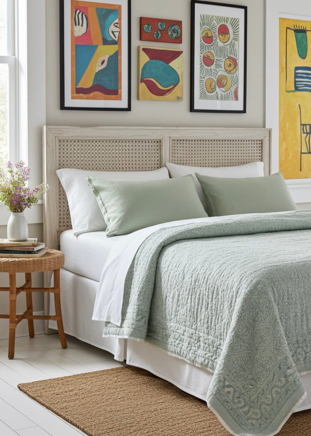 Hand block Printed Quilt - Gentle Sage Green