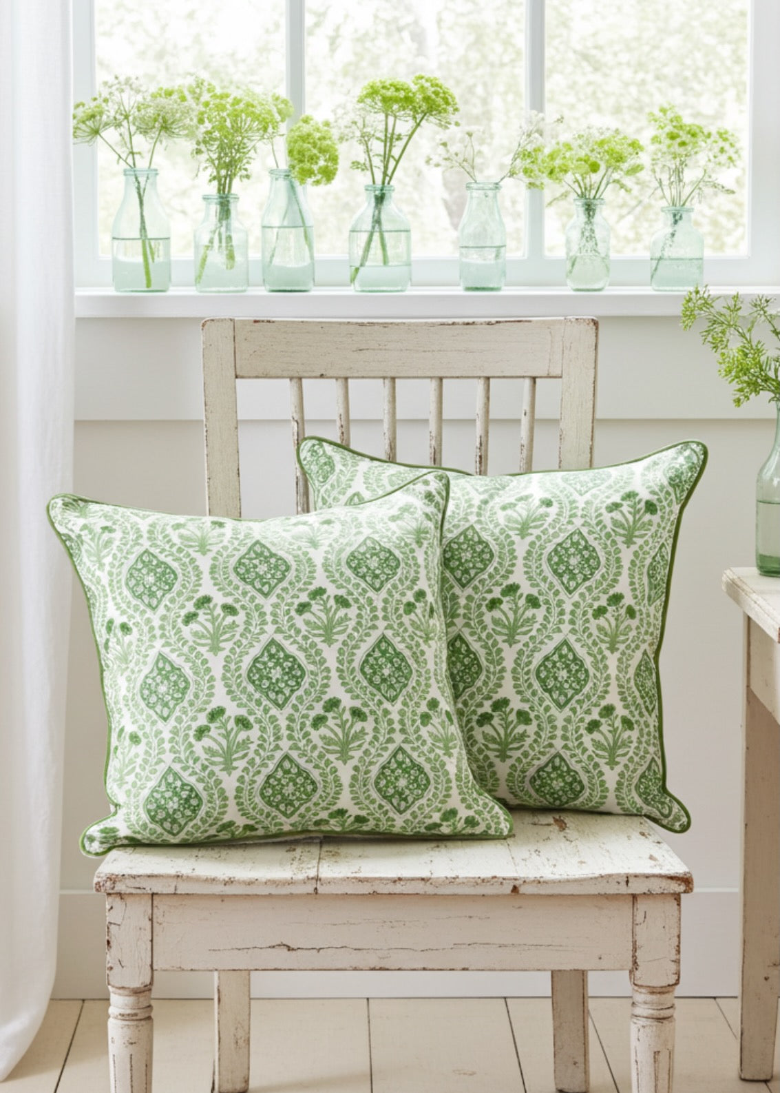 Block Print Cushion Cover- Green Leaf