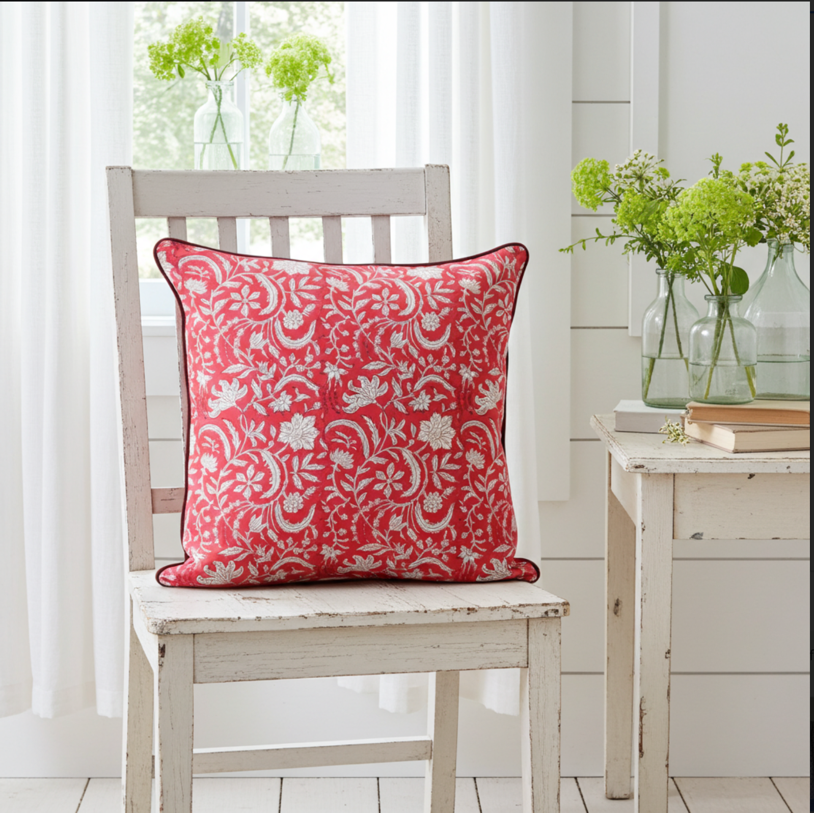 Block Print Cushion Cover- Raspberry Flower