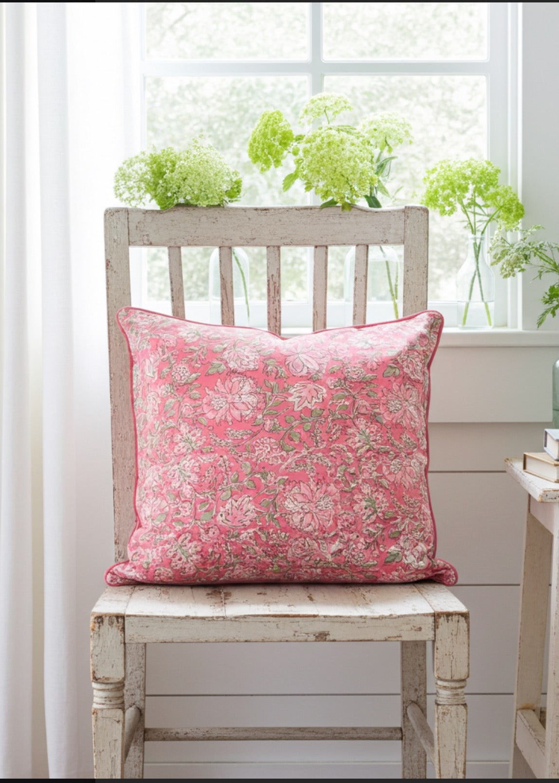Block Print Cushion Cover- Pink Flower