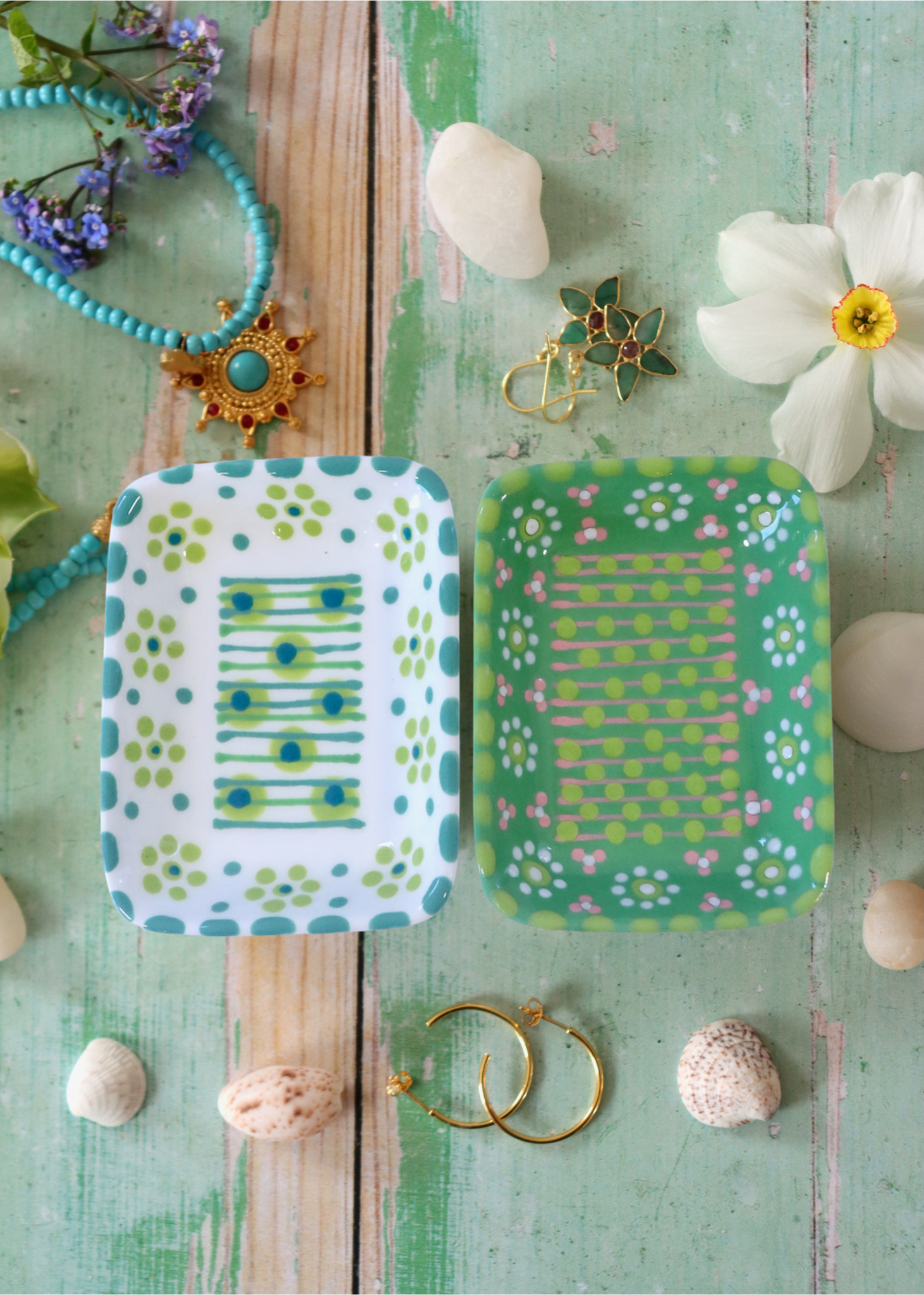 Pair of Trinket Dishes Green & White