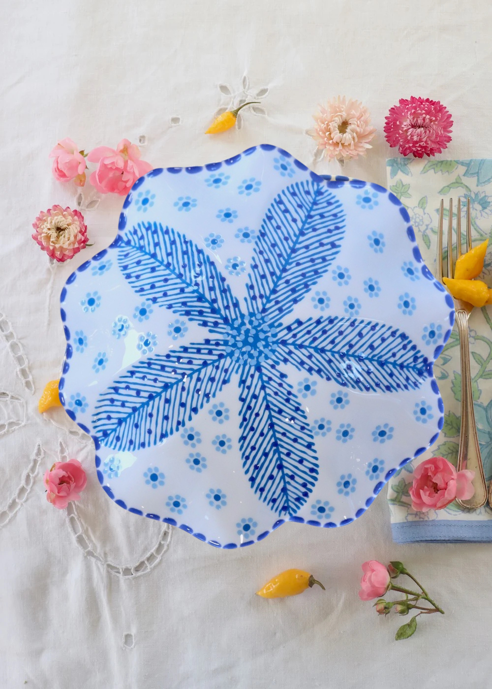 Pasta Bowl White & Blue Flowers