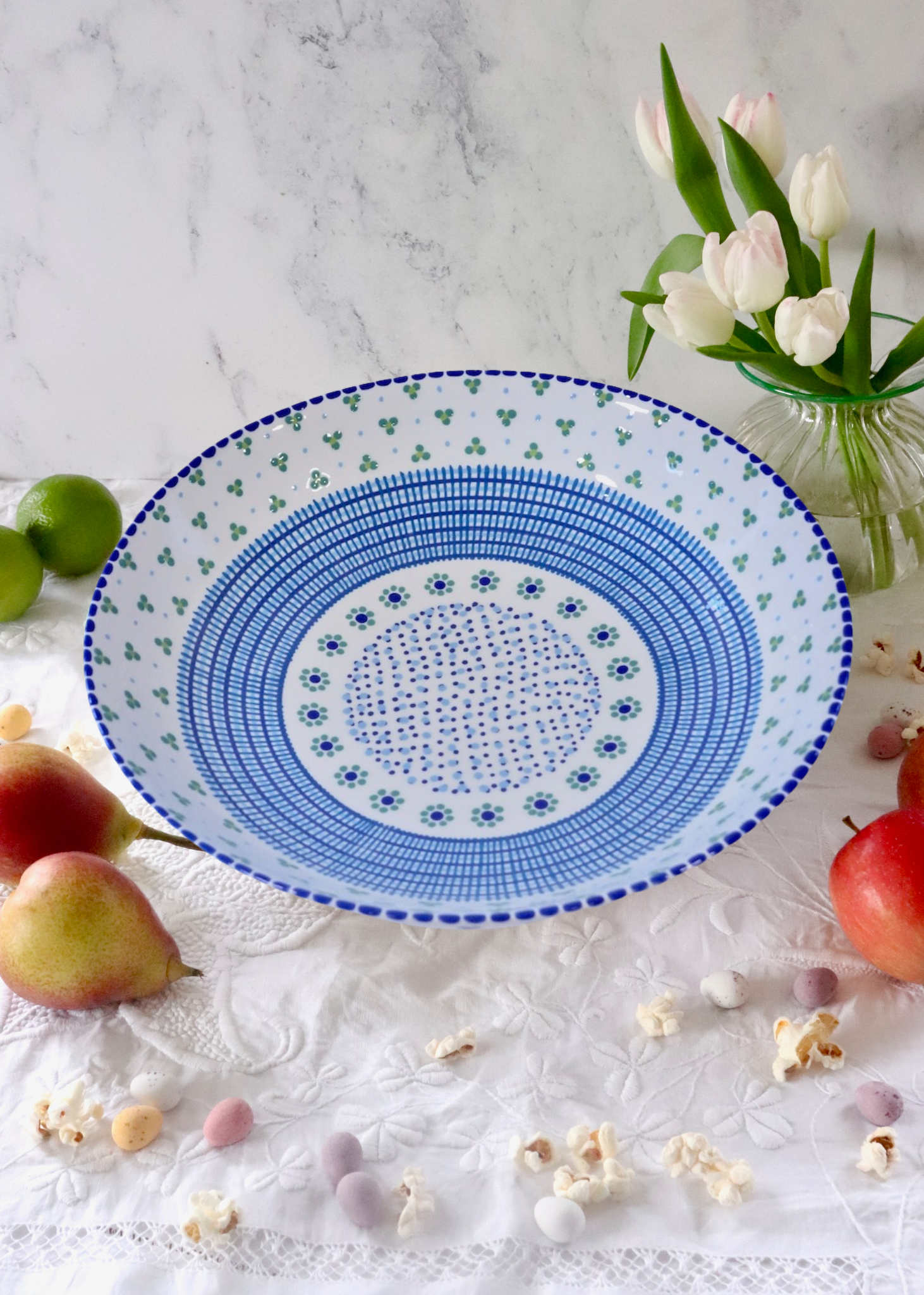 Olivia Fruit Bowl - White & Blue