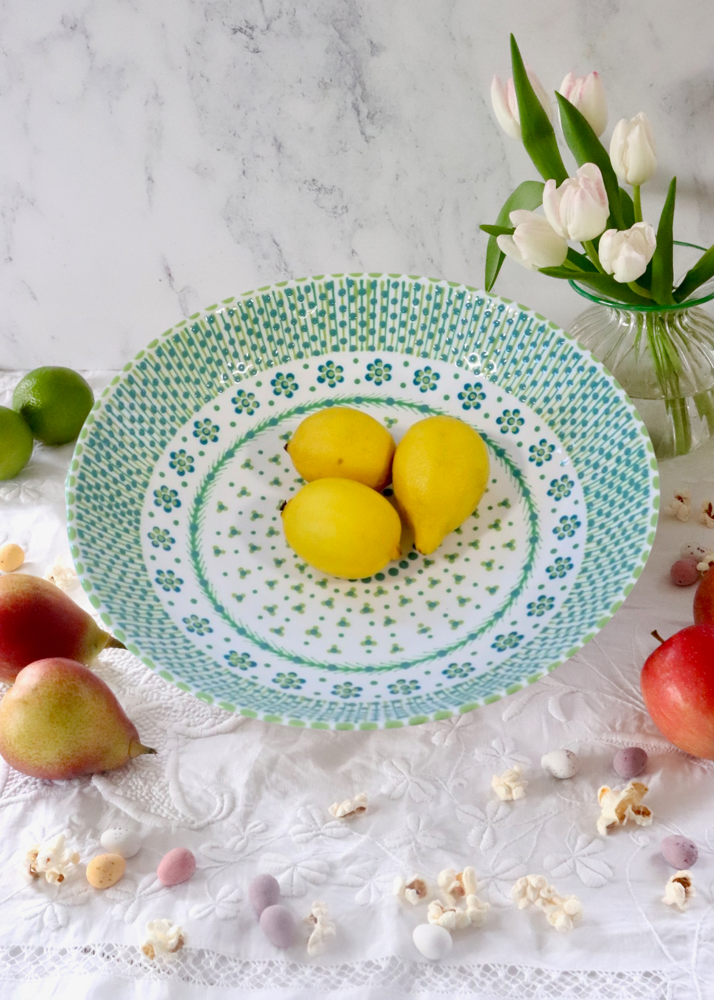 Olivia Fruit Bowl - White & Teal