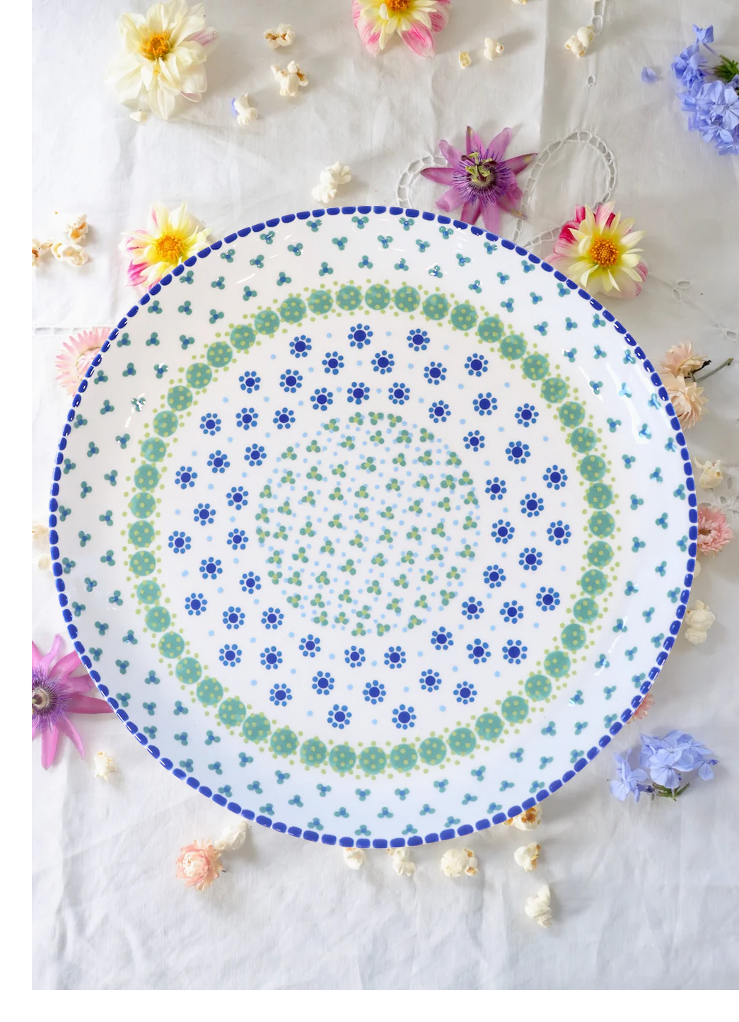 Round Serving Platter - White & Blue